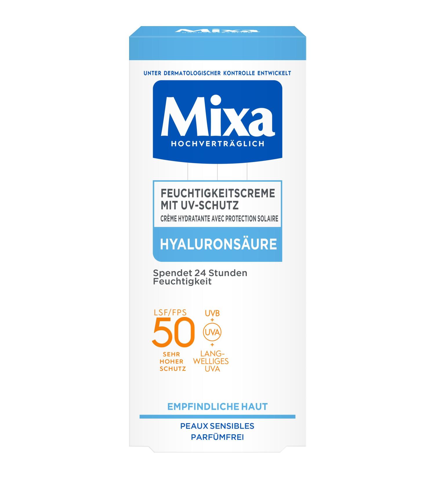  Mixa Mixa UV 50 Moisturizing Care for Sensitive Skin UVB + UVA + Long UVA Protection SPF 50 with Hyaluronic Acid Suitable for Face and Neck Hypoallergenic 50 ml - Buy Online on GoSupps.com