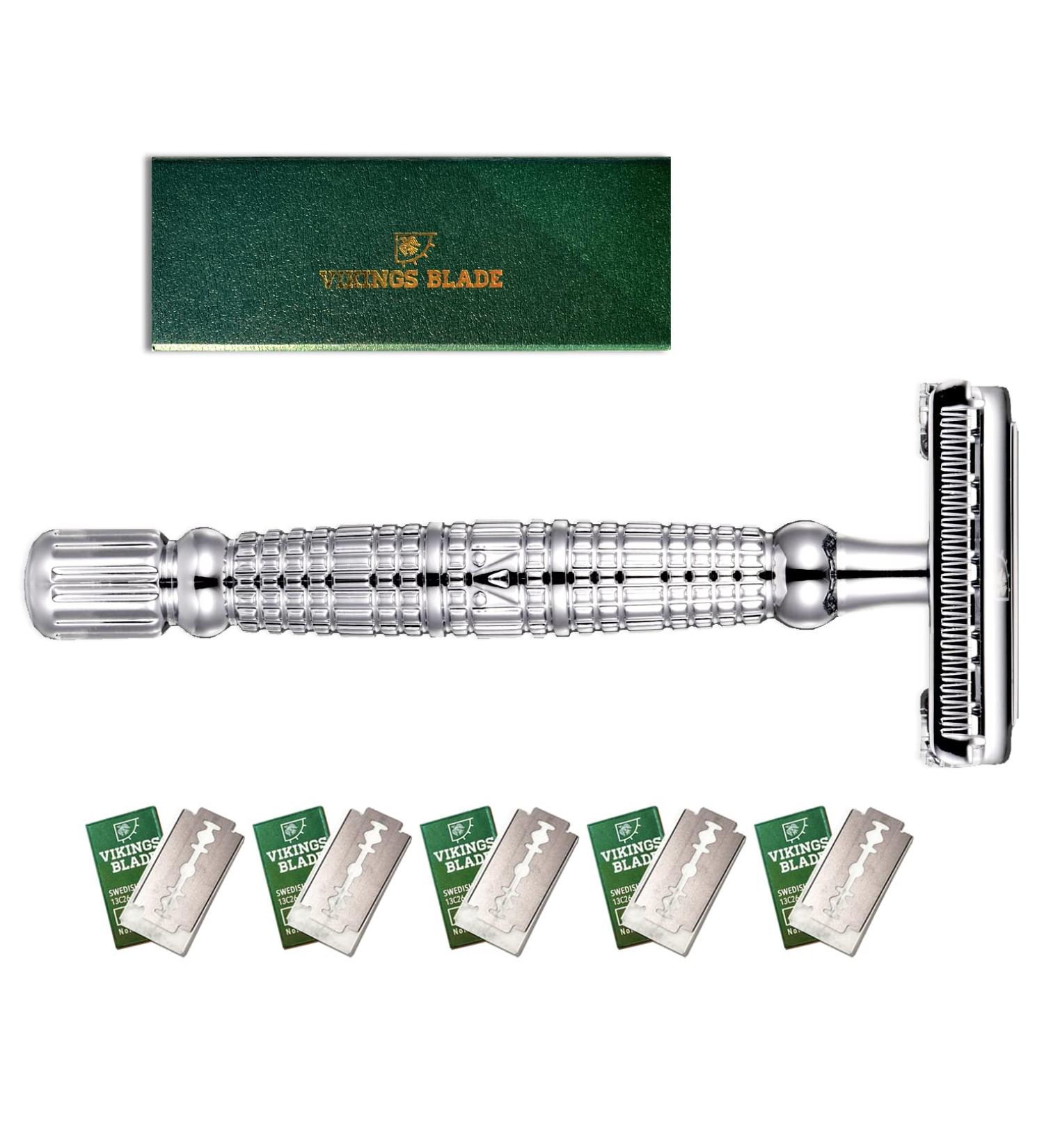 VIKINGS BLADE Double Edge Safety Razor - Long Handle, Swedish Steel Blades + Luxury Case - The Vulcan Model for Smooth & Clean Shave - Buy Online on GoSupps.com