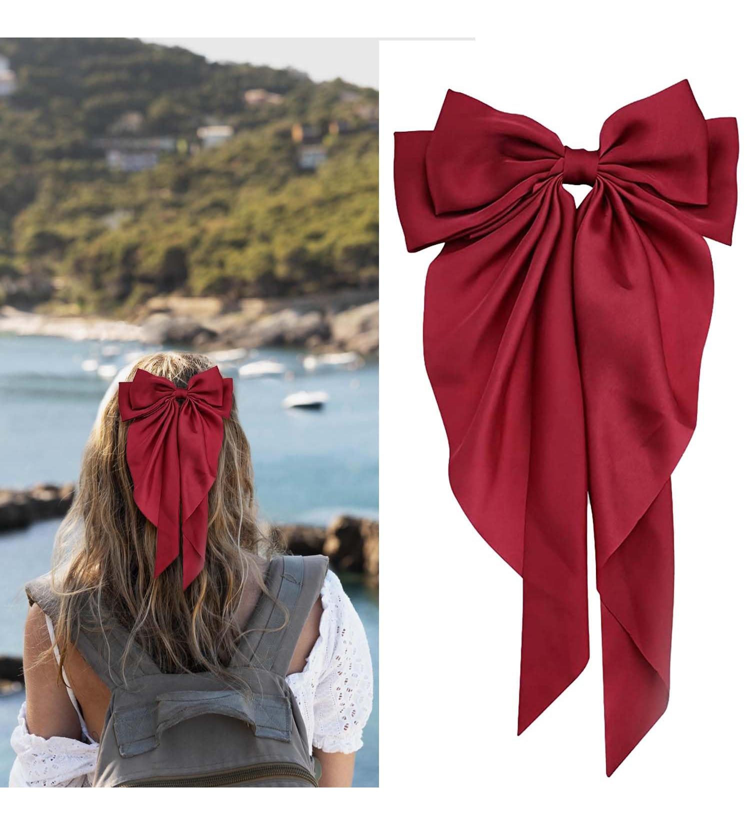 Red Hair Bow Hair Clip Hair Bows for Women Big Bowknot Hairpin French Hair Clips with Long Ribbon Solid Color Hair Barrette Clips Soft Satin Silky Hair Bows for Women Girls(Red-1pc) - Buy Online on GoSupps.com