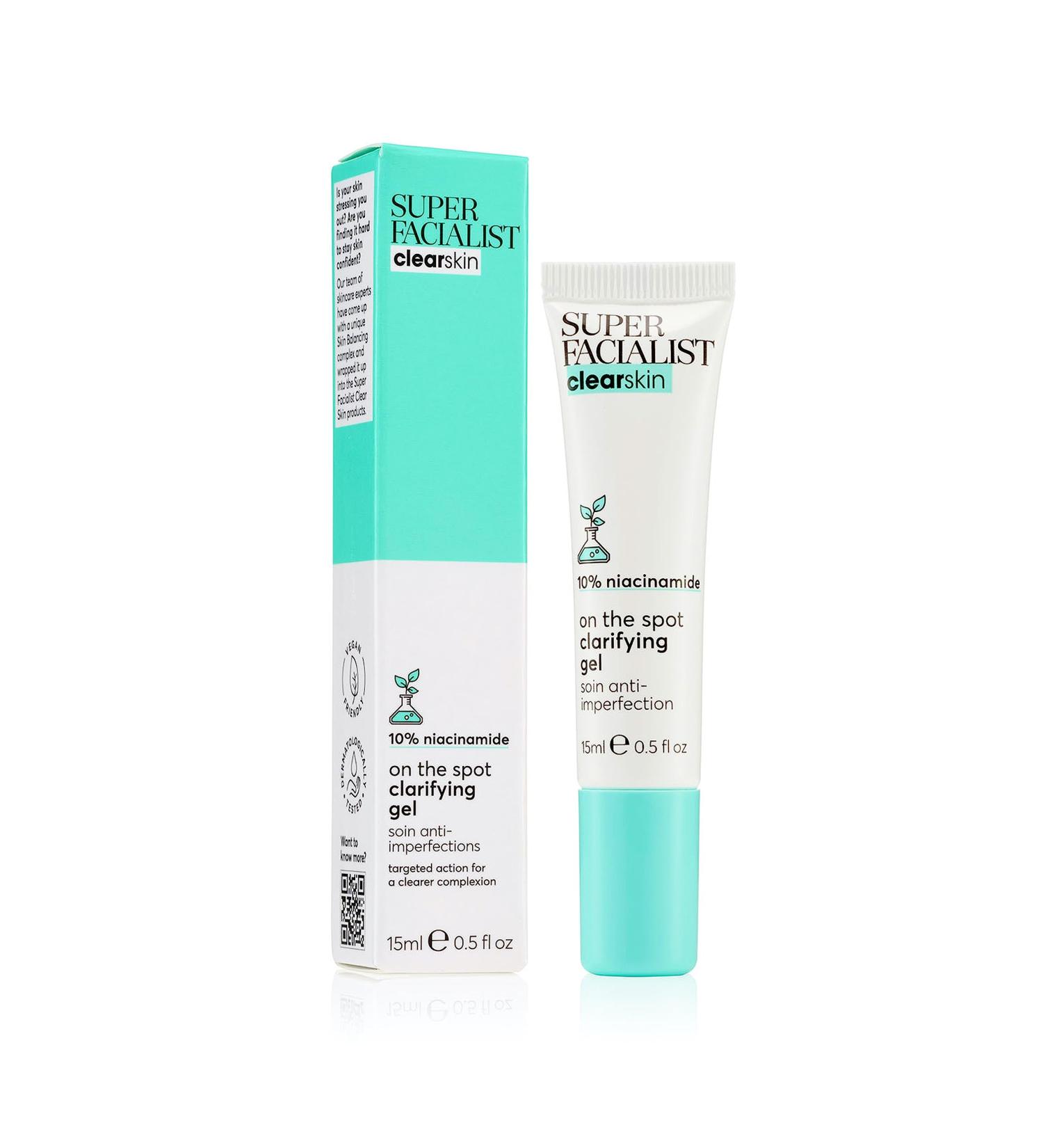 Super Facialist On The Spot Clarifying Gel - Spot Treatment for Acne with 10% Niacinamide Tea Tree Oil & Prebiotics Vegan Friendly 15ml - Buy Online on GoSupps.com