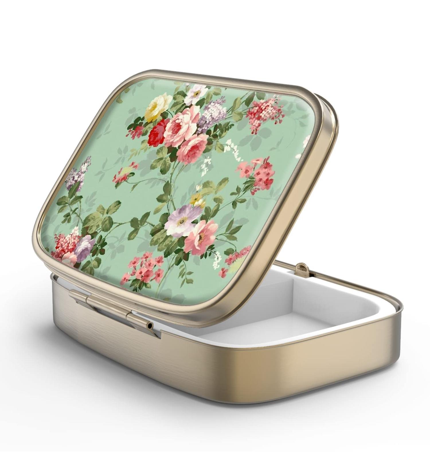 Retro Green Floral Pill Box with Mirror - Bronze 2-Compartment Storage for Vitamins & Supplements - Small Portable Pill Organizer - Buy Online on GoSupps.com