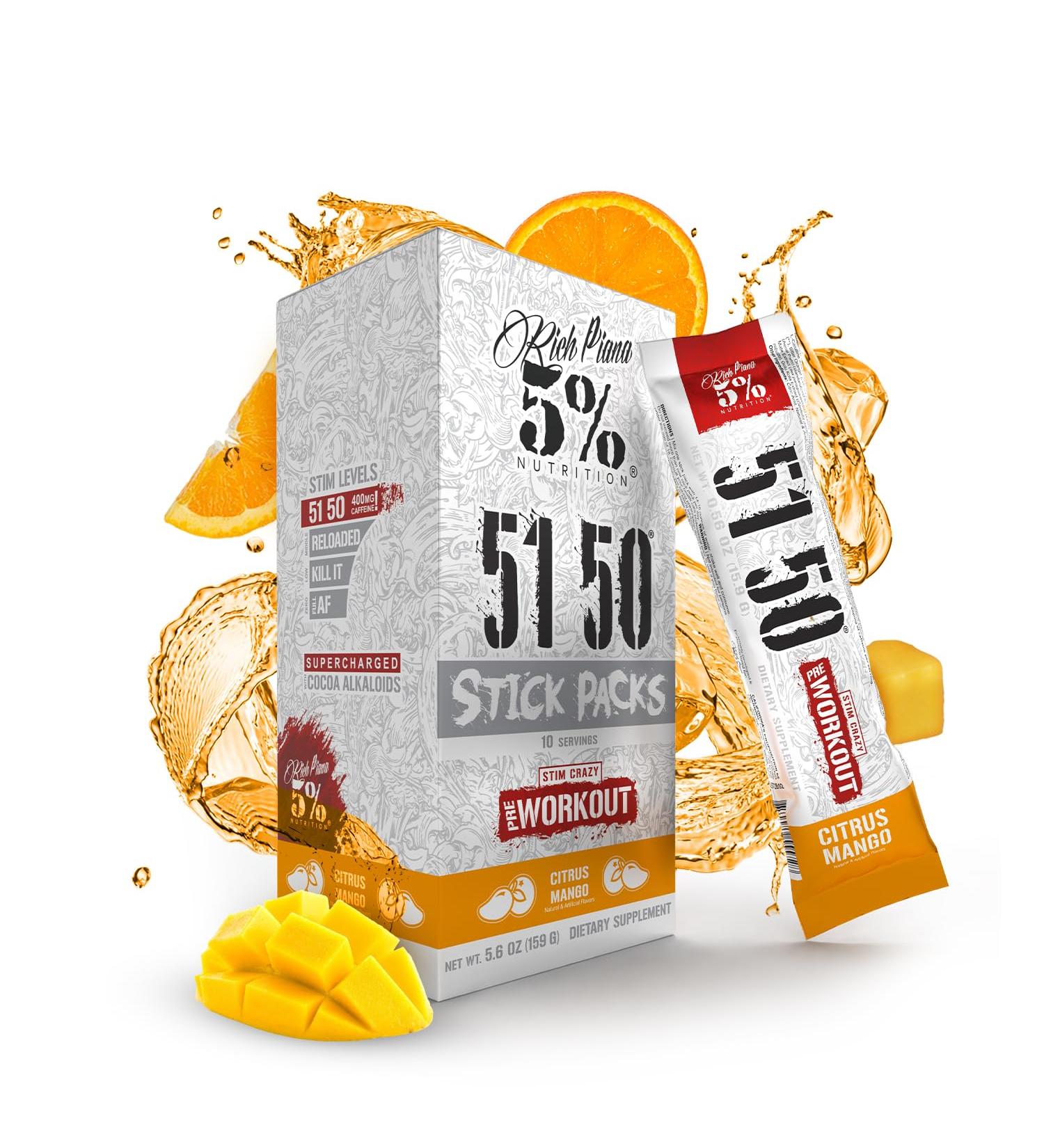 5% Nutrition Rich Piana 5150 High Stim Pre-Workout Powder Packets | Extreme Energy Focus Pumps & Endurance | 513 mg Caffeine Complex Citrulline Beta Alanine L-Tyrosine (Citrus Mango) (10 Count) - Buy Online on GoSupps.com