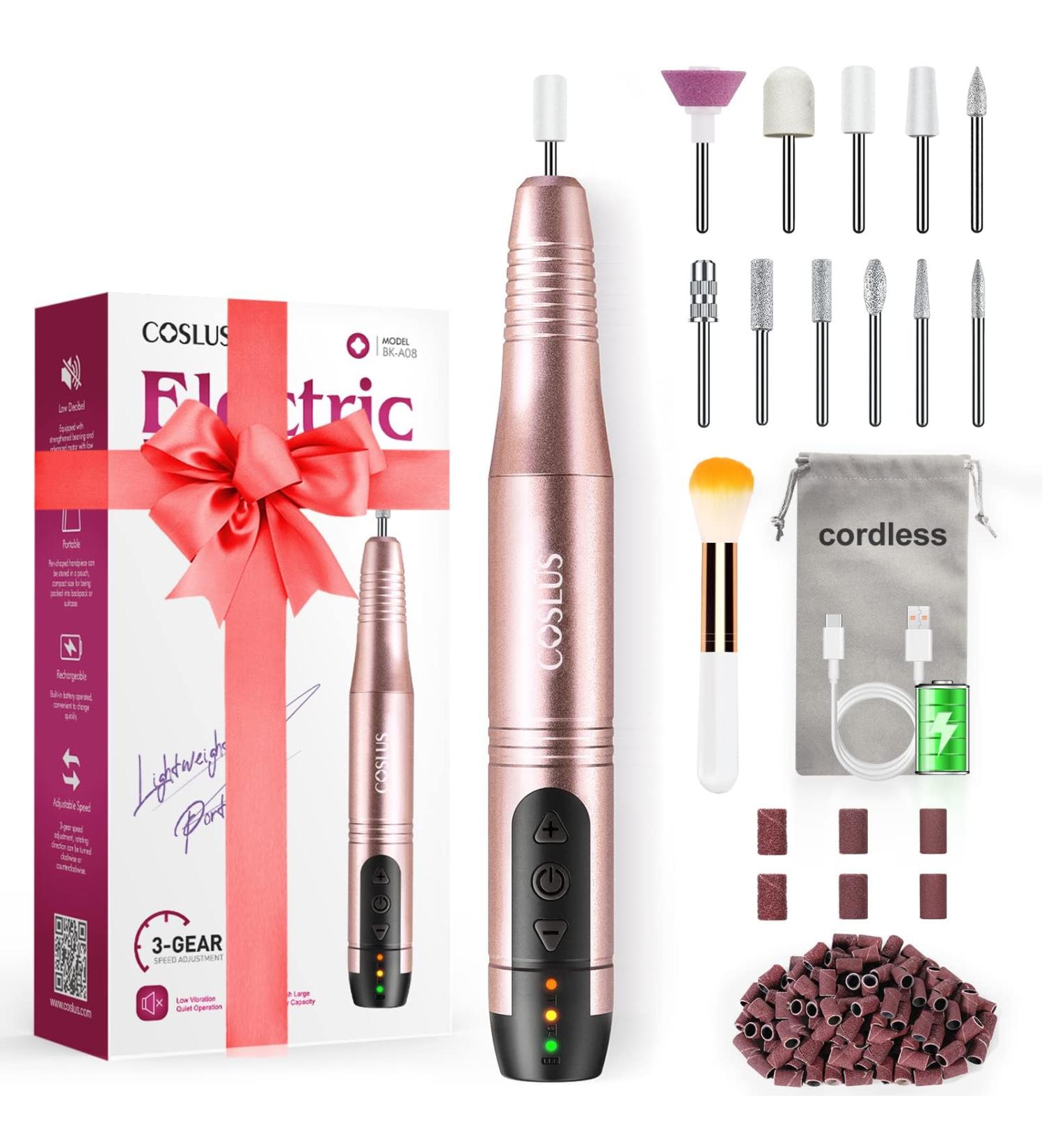 COSLUS Cordless Nail Drill Set - Professional Electric Manicure & Pedicure Kit for Acrylic & Gel Nails - 45 Nail Drill Bits, Adjustable Speed, Rechargeable, Rose Gold - Buy Online on GoSupps.com