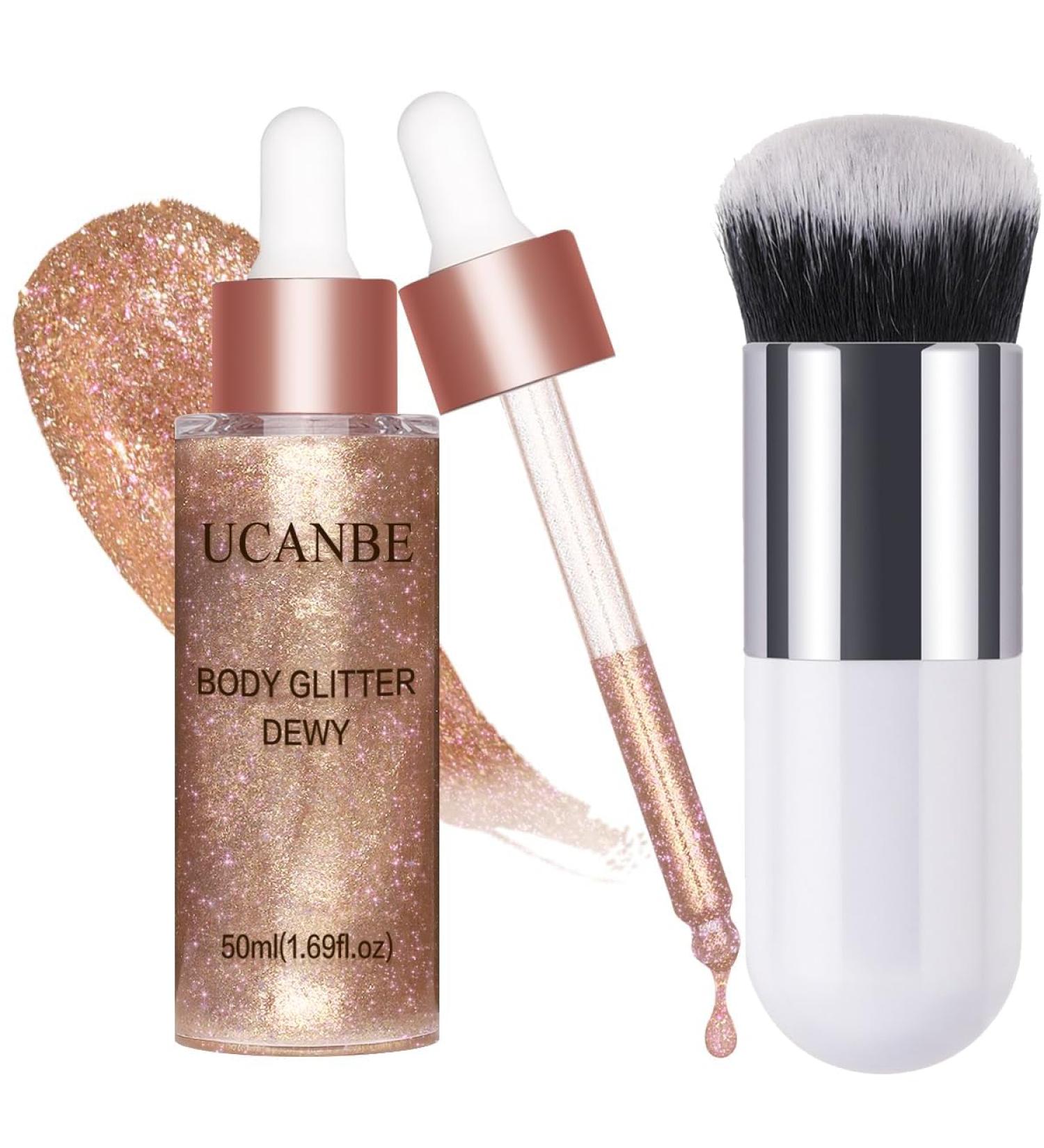 UCANBE Rose Gold Face & Body Glitter Liquid Highlighter - Illuminating Dewy Drops with Brush 50ml Luminizer & Skin Shimmer Oil - Buy Online on GoSupps.com