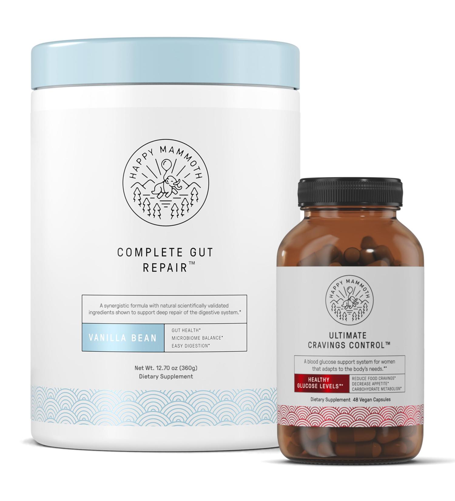 Happy Mammoth Gut Health Kit with Complete Gut Repair Powder and Ultimate Craving Control Capsules Supports Digestion Metabolism and Healthy Appetite Management 2-Piece Set - Buy Online on GoSupps.com