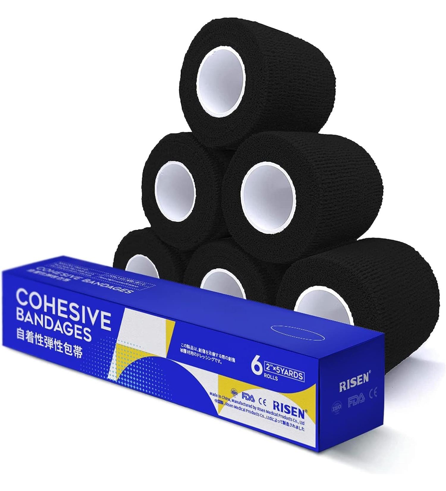 Risen Cohesive Bandage 2x5 Yards 6 Rolls - Self Adherent Wrap for Ankle Sprains & Swelling - Flexible & Breathable First Aid Tape in Black - Buy Online on GoSupps.com