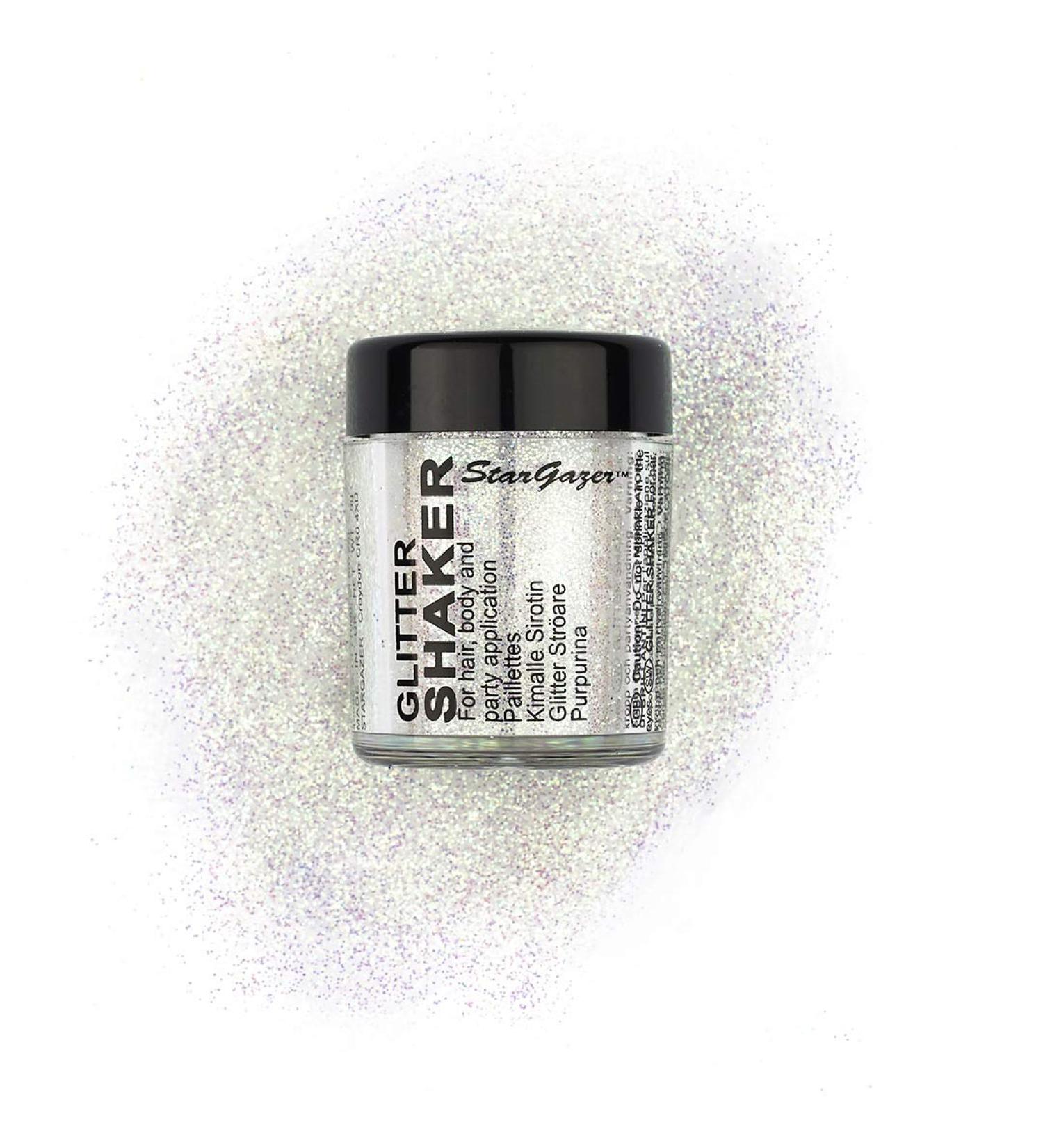Stargazer UV Glitter Shaker White. Cosmetic glitter powder for use on the eyes lips face body hair and nails. UV White - Buy Online on GoSupps.com
