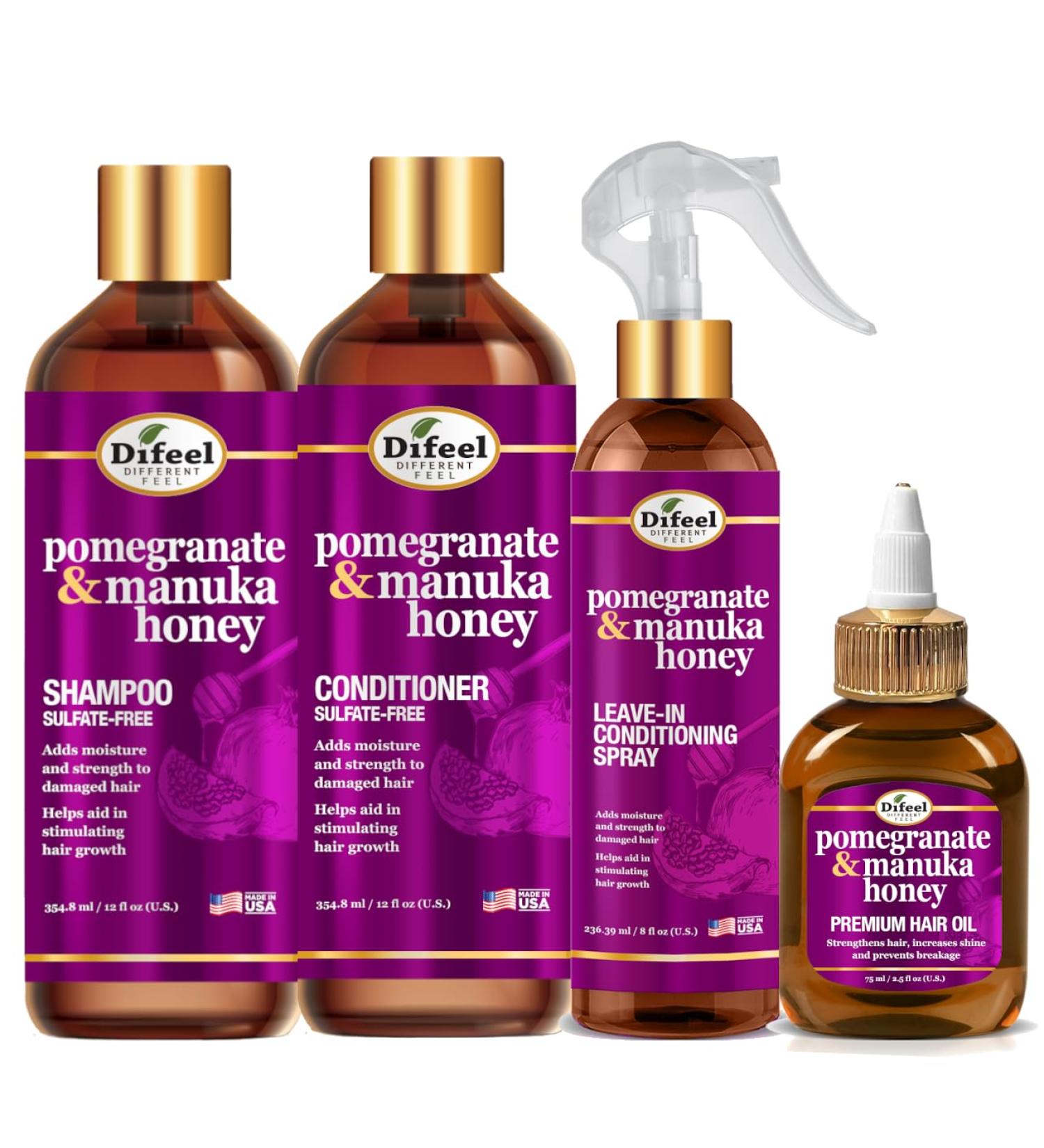Shop Difeel Pomegranate & Manuka Honey Hair Care Set - Nourishing Shampoo Conditioner Leave-in Spray & Hair Oil - 12oz & 8oz - International Shipping - Buy Online on GoSupps.com