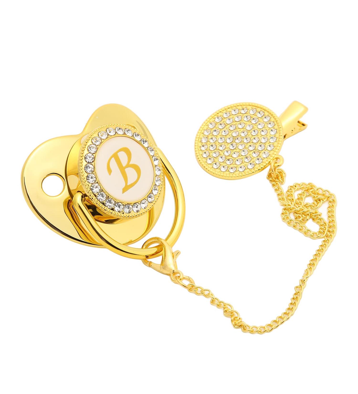 Premium Glittering Golden Baby Pacifier - Curved Design Safe Materials 26 Letters (B) with Clips for 6-18 Months - Buy Online on GoSupps.com
