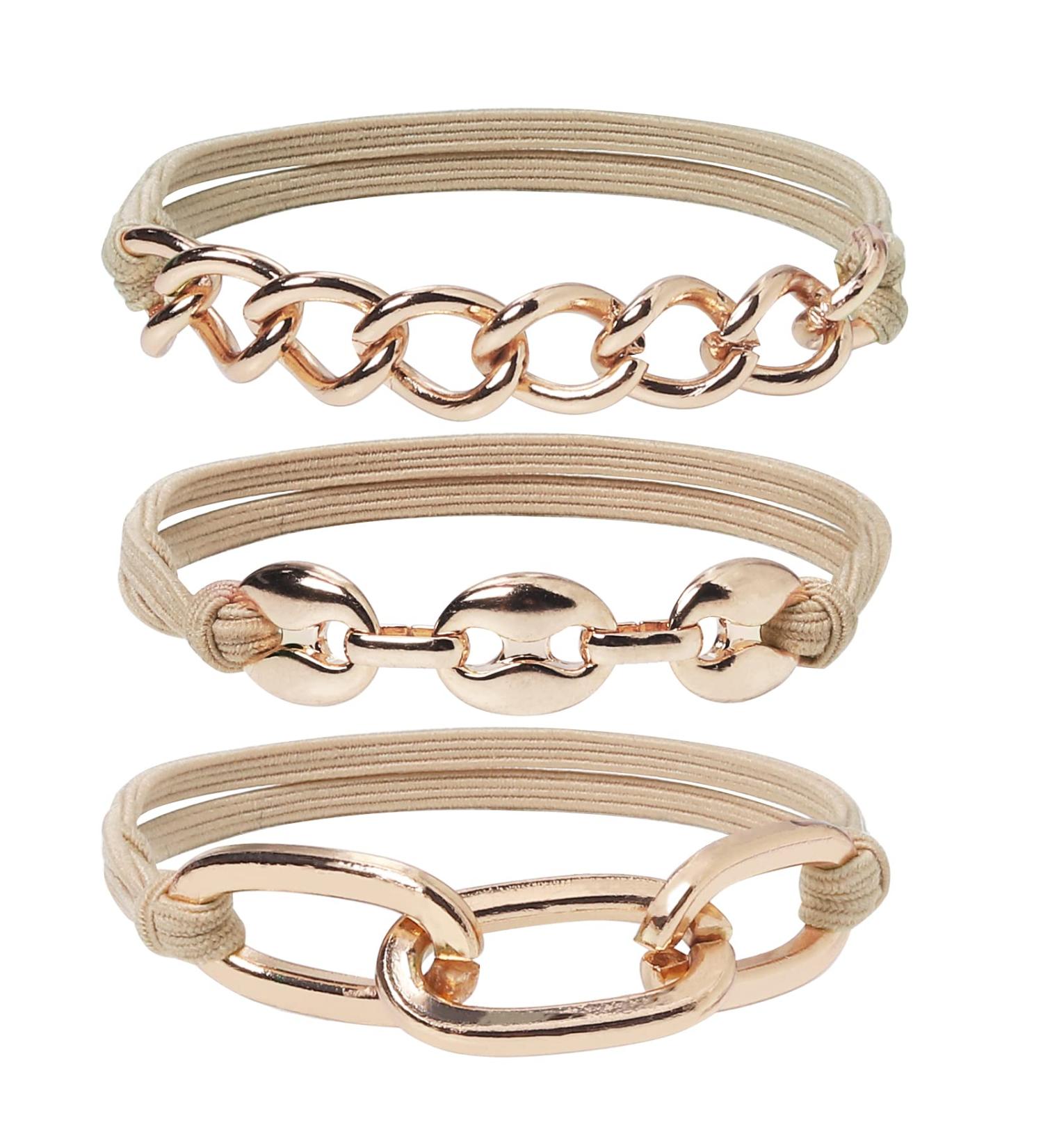 Gold Bracelet Hair Ties with Beige Khaki Elastic - Set of 3 | 2-in-1 Fashion Accessory for Women & Girls - Wear as Hair Tie or Wrist Bracelet - Buy Online on GoSupps.com