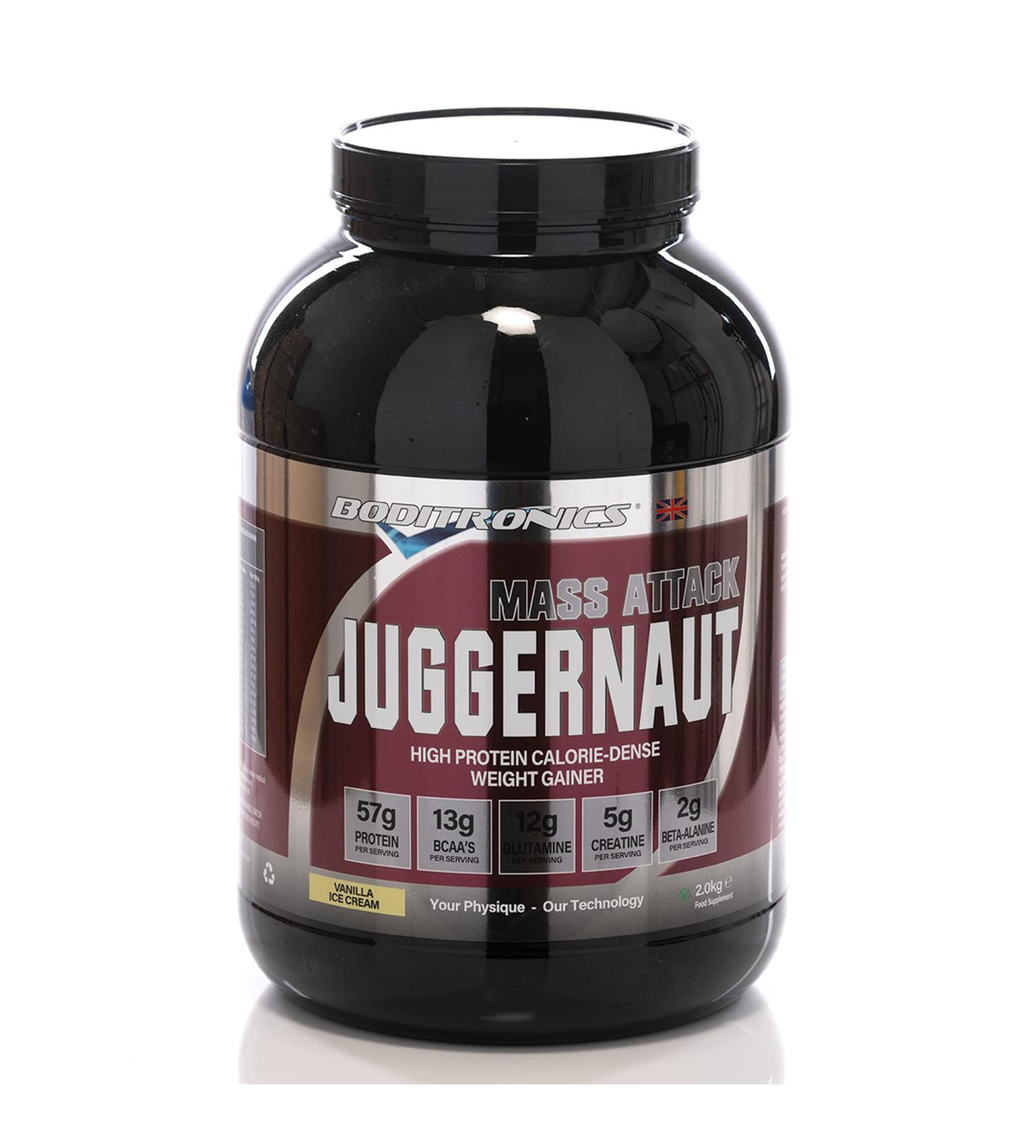 Boditronics Mass Attack Juggernaut Powder - High Protein Weight Gainer with 5g Creatine, BCAA, Glutamine & Beta Alanine - Vanilla Ice Cream Flavor - 2 kg Pack - Buy Online on GoSupps.com