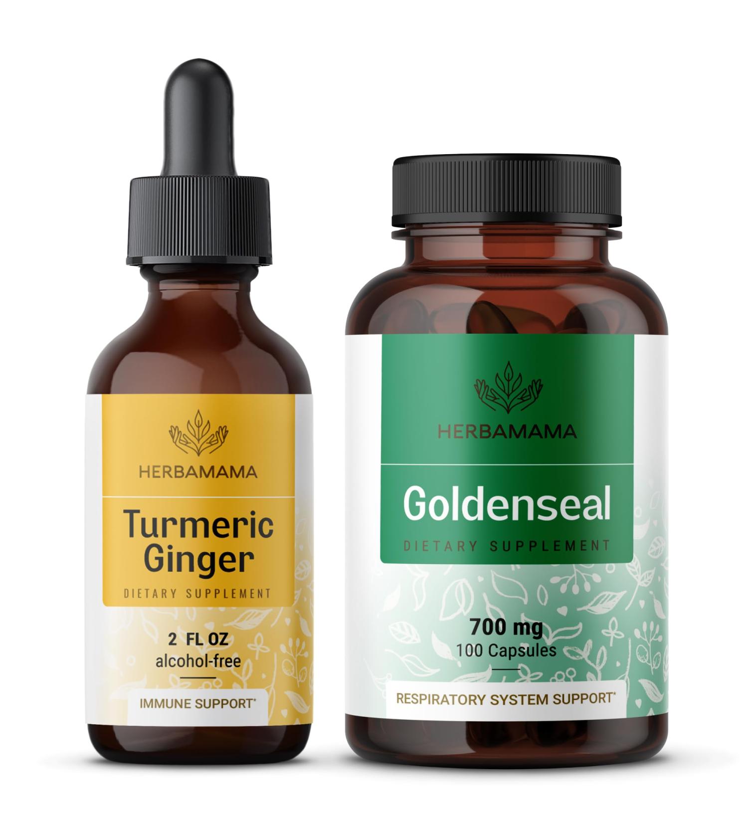 HERBAMAMA Turmeric Ginger and Goldenseal Kit - Bundle of Turmeric Ginger Tincture 2 fl oz and 700 mg Goldenseal Root Capsules - Vegan Non GMO Sugar & Alcohol-Free - 2 Pack - Buy Online on GoSupps.com