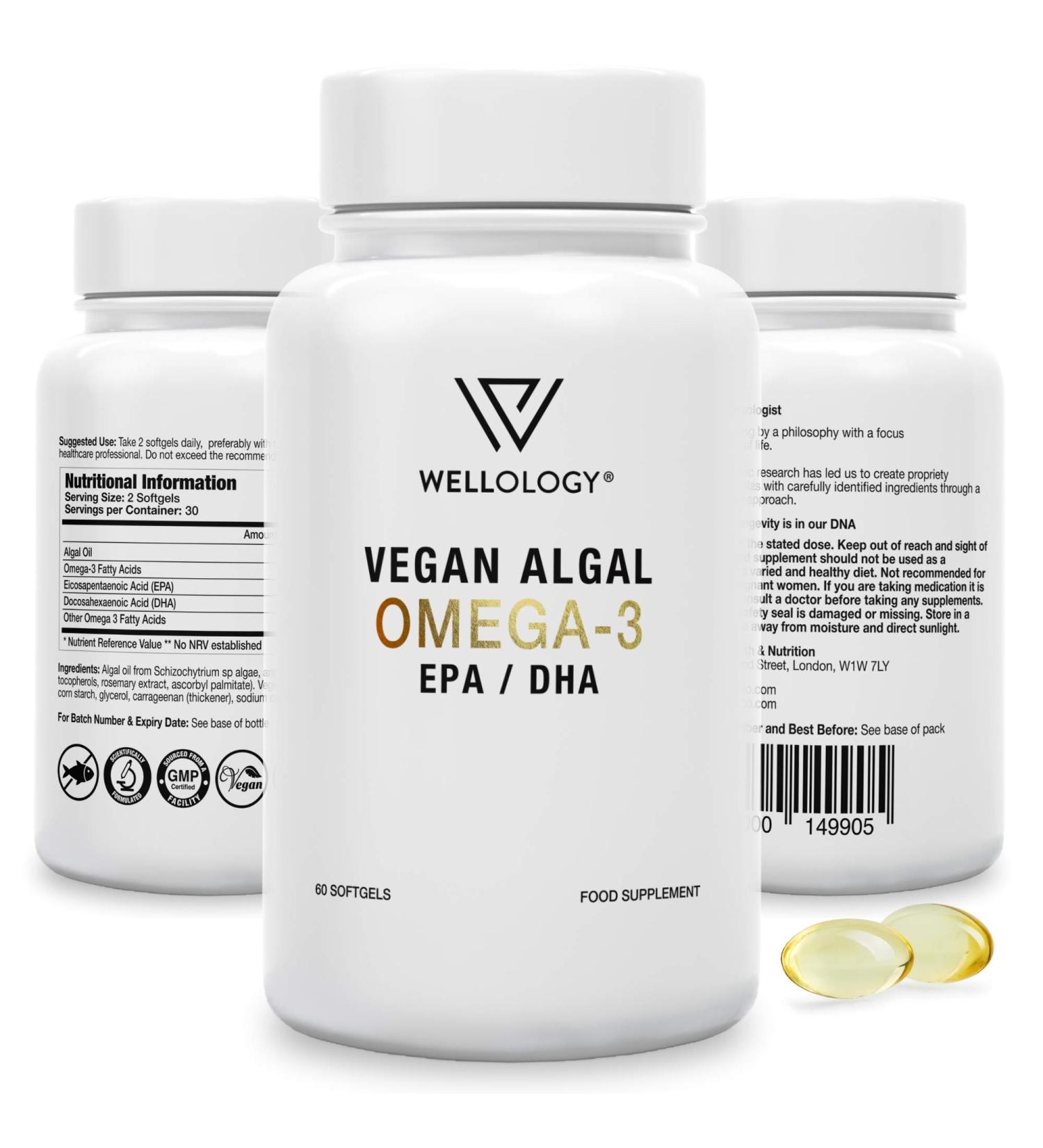 Vegan Omega 3-1200mg Fermented Algae Oil - High Strength EPA DHA - 60 Softgels by Wellology - Buy Online on GoSupps.com