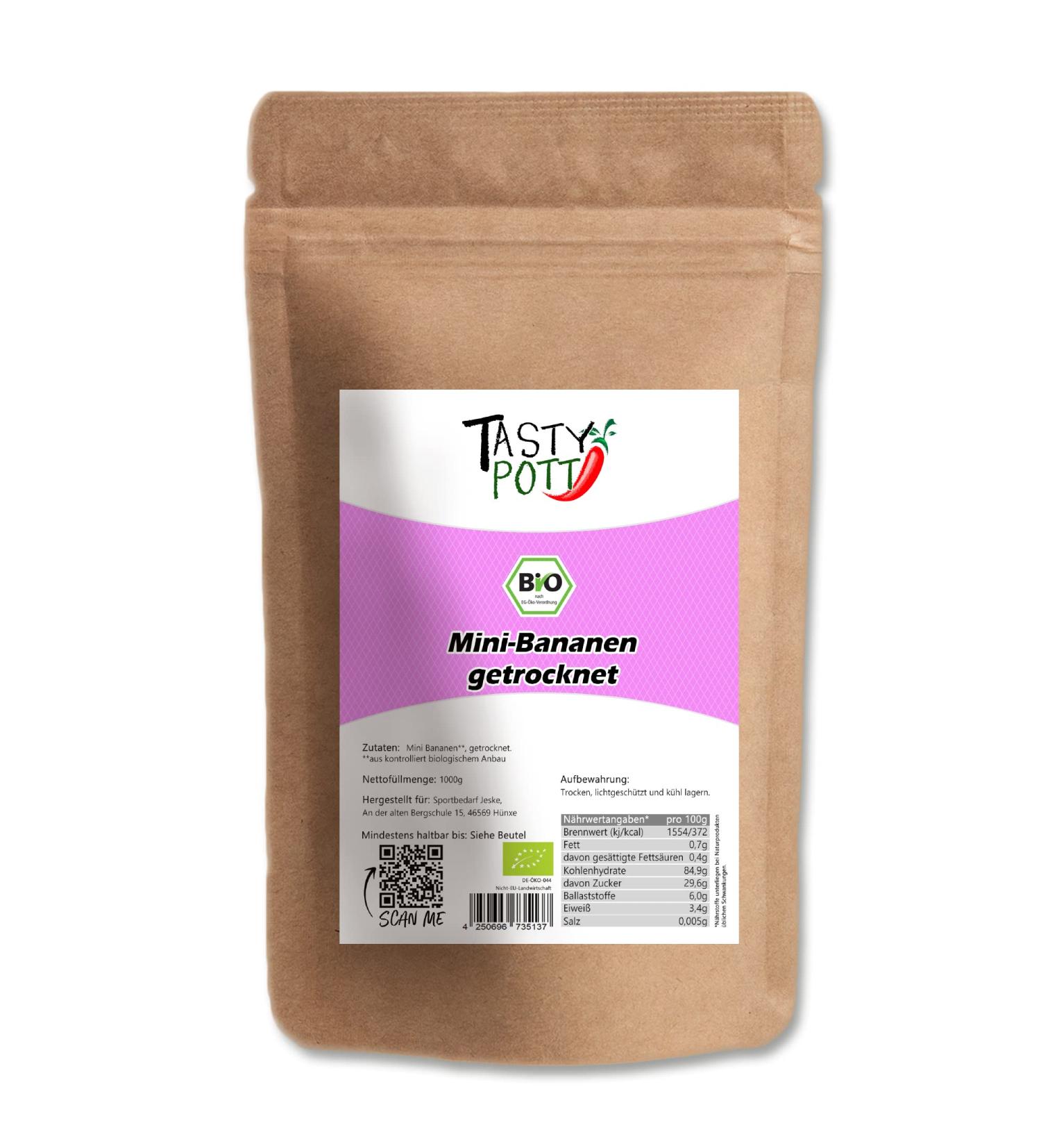  TASTY POTT Tasty Pott Organic Dried Mini Bananas | Dried Fruit | Dried Fruit | Dried Fruit | Snack | For Fruit Salad | Baby Bananas | 1000g Bag - Buy Online on GoSupps.com