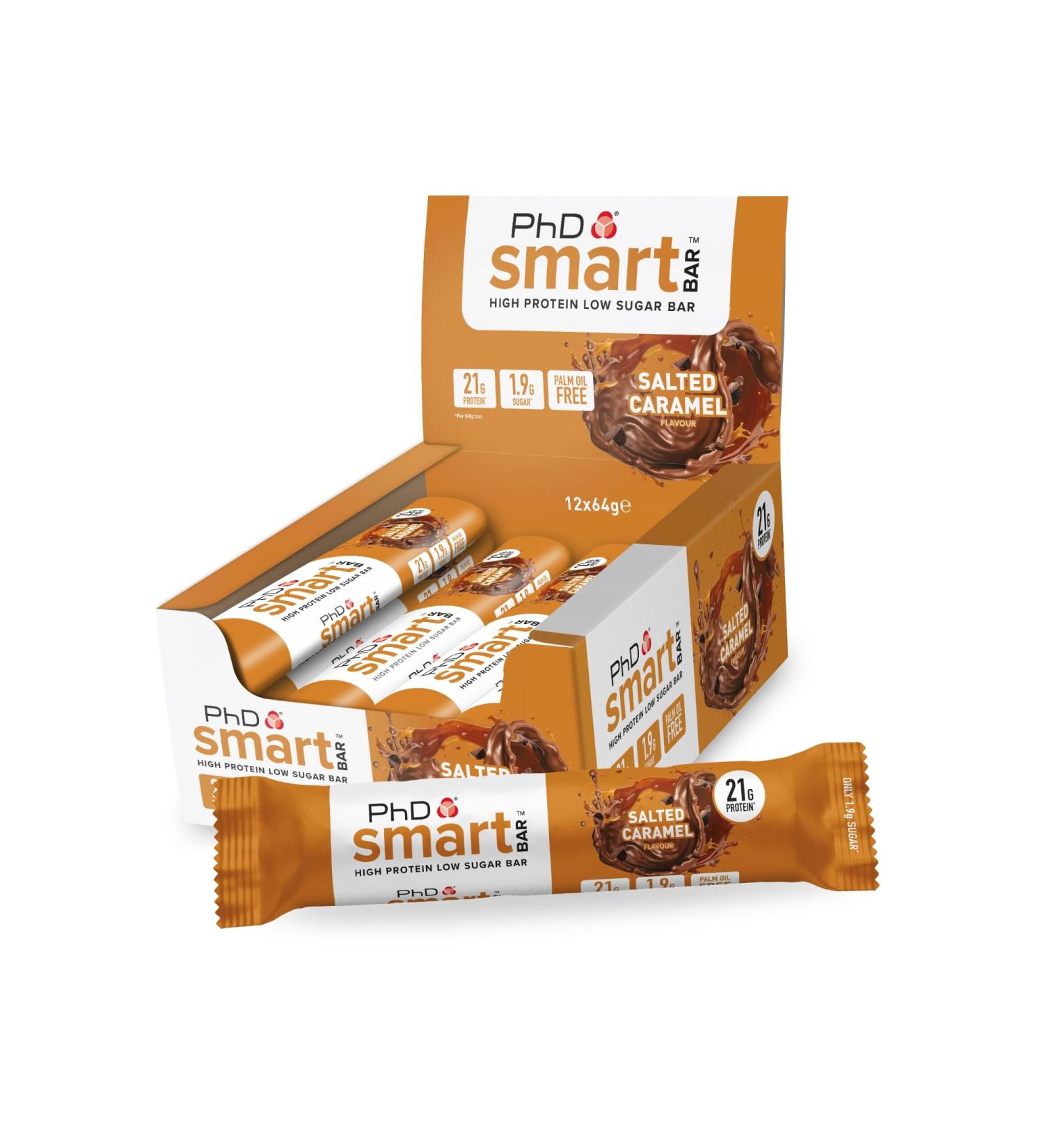 PhD Nutrition Smart Protein Bar Low Calorie Nutritional Protein Bars / Protein Snacks High Protein Low Sugar Salted Caramel Flavour 20g of Protein 64g Bar (12 Pack) Salted Caramel 12 Bars - Buy Online on GoSupps.com