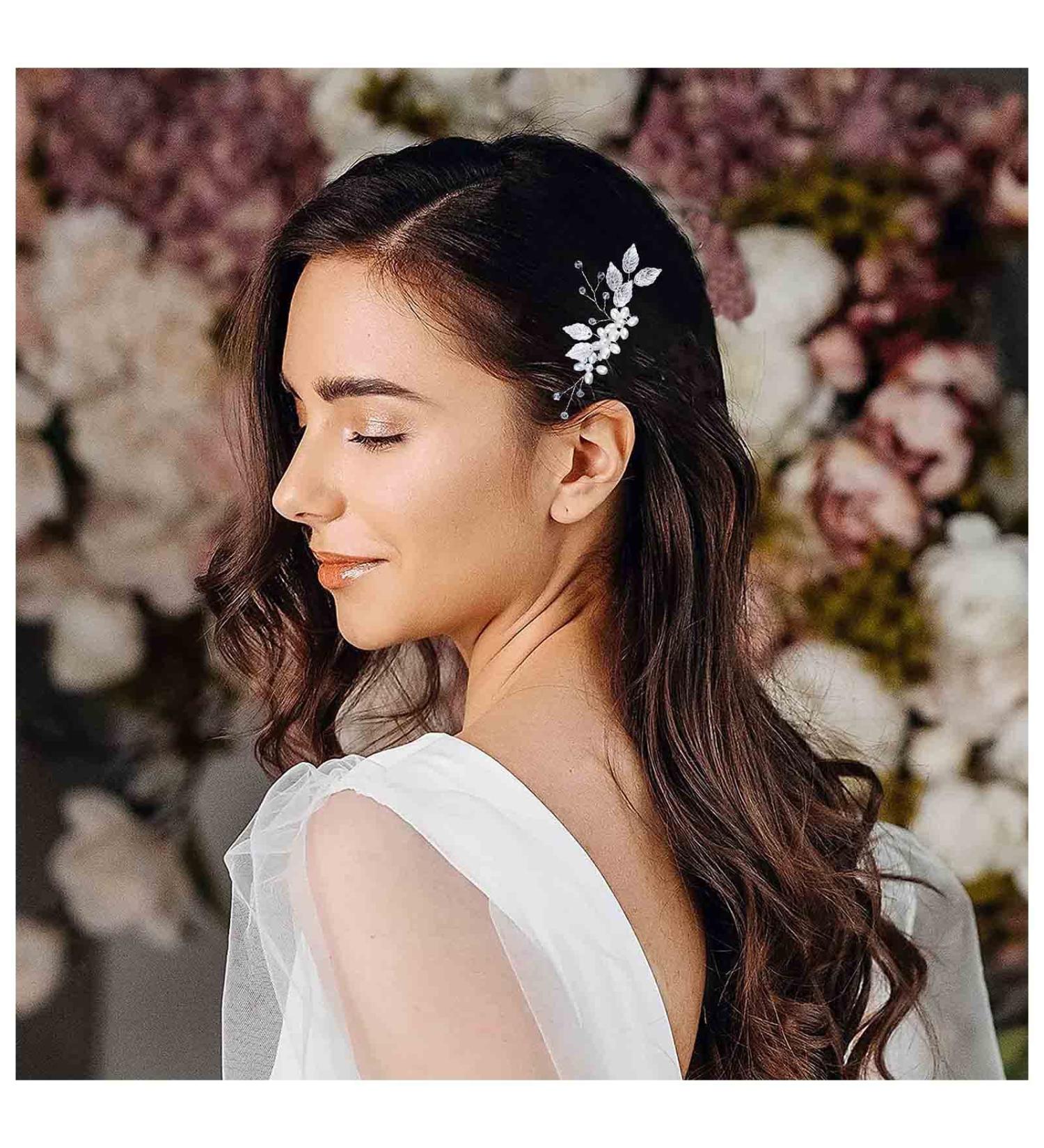Dervivea Wedding Pearl Flower Hair Comb Silver bridal Leaf Hair Combs Headpiece Vintage Pearl Side Comb Crystal Rhinestone Hair Comb Decorative Hair Accessories for Women and Girls Headdress (Silver) - Buy Online on GoSupps.com