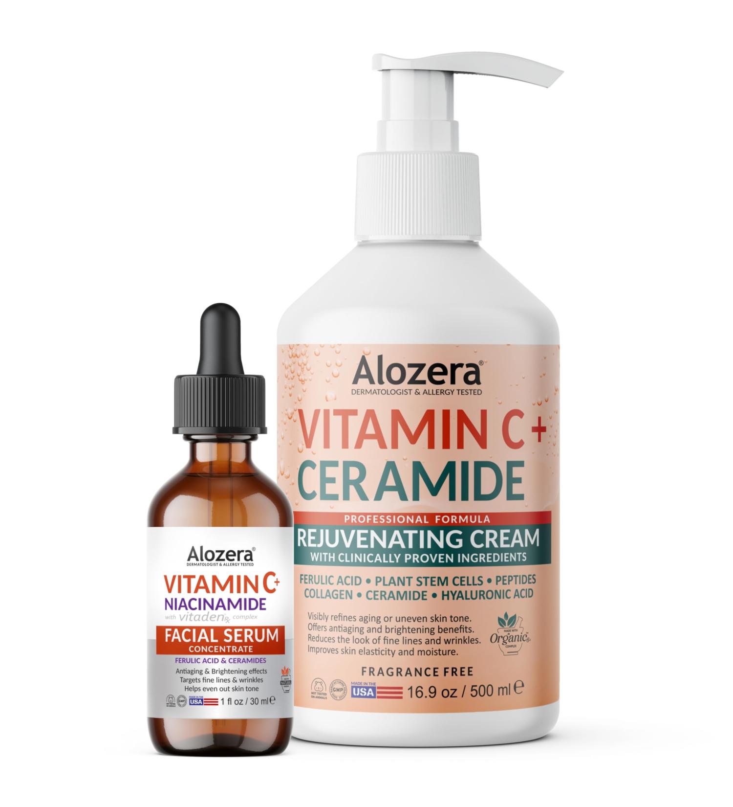 Alozera Vitamin C Body Lotion & Vitamin C Facial Serum Bundle with Ceramides Niacinamide & Stem Cells for Brightening Even Skin Tone Hydrating & Anti-Aging Care - Buy Online on GoSupps.com