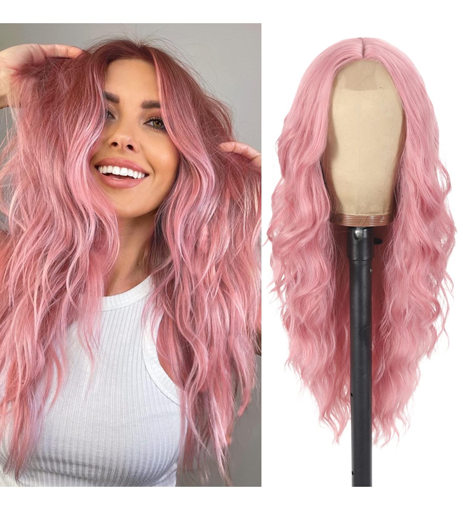 QIANSEE 26-inch Pink Long Wavy Synthetic Wig for Women - Middle Part Curly Style, Heat Resistant Fiber, Natural Look - Ideal for Daily Use - Buy Online on GoSupps.com