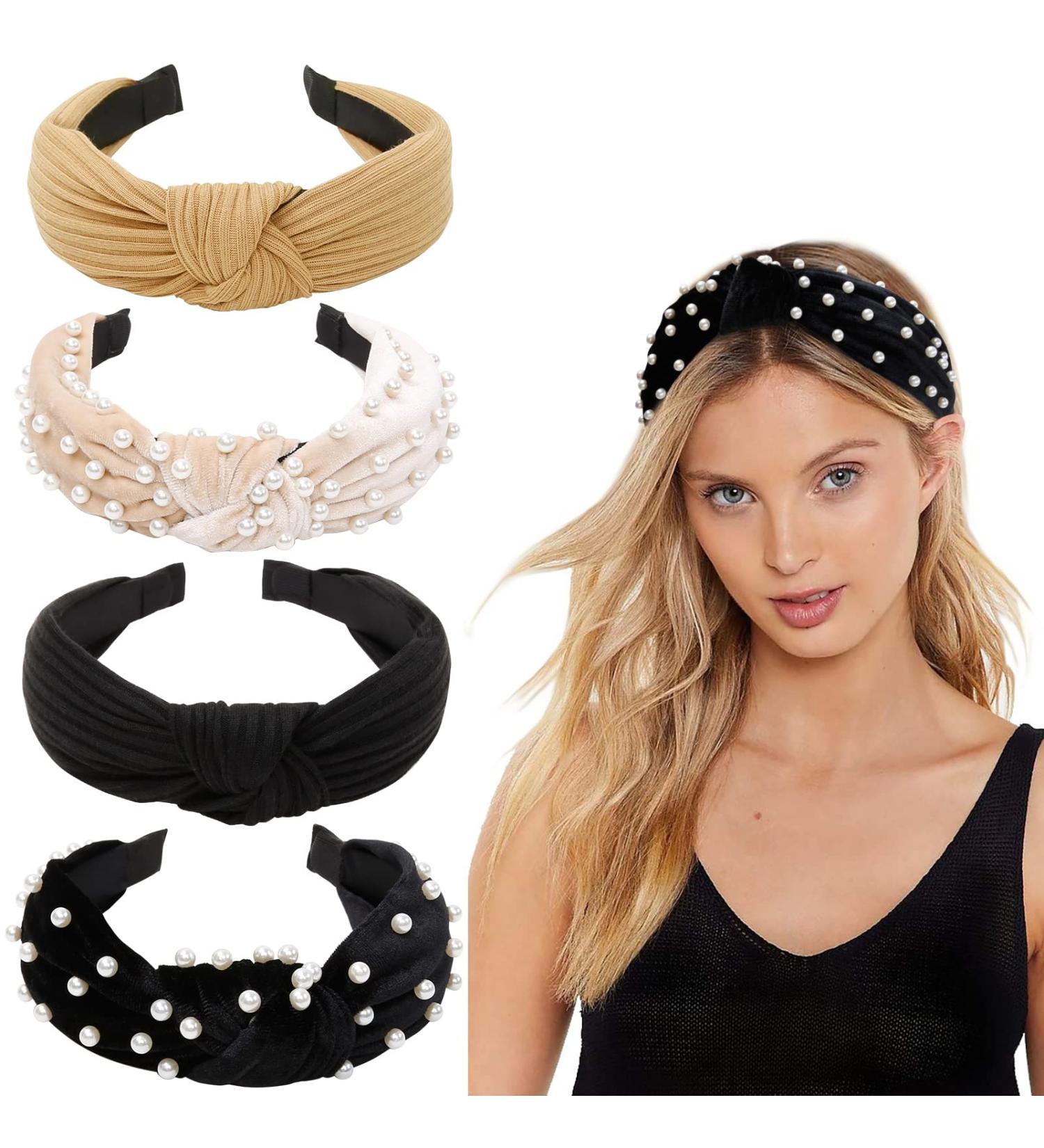 Wide Pearl Headbands for Women - Knotted Velvet Hair Bands 4pcs Set - Buy Online on GoSupps.com