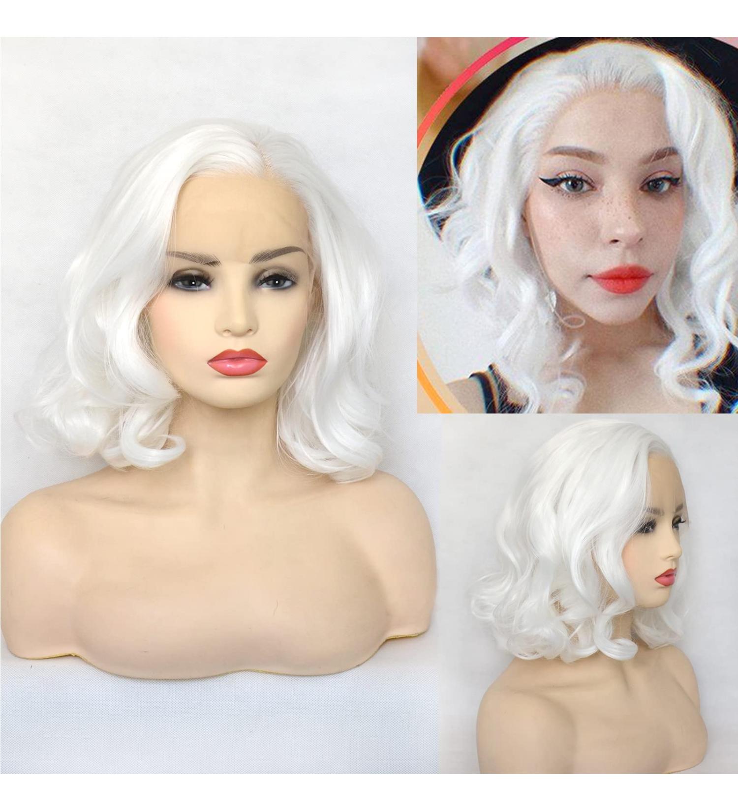 BLUPLE Short Wavy Bob Style White Lace Front Wig 12 Inches - Platinum White Loose Wave Curly Synthetic Hair Replacement Full Wig for Women - Buy Online on GoSupps.com