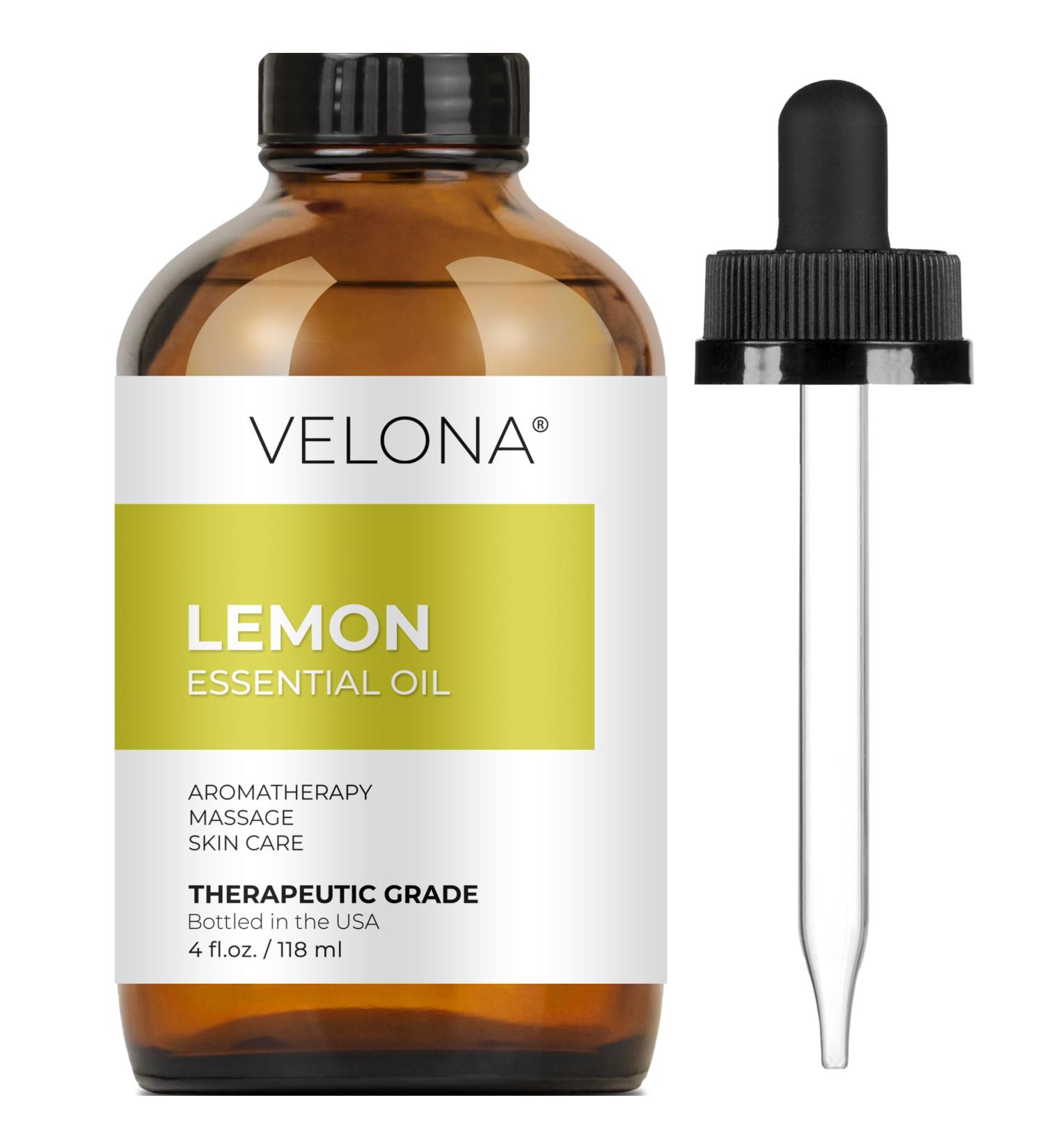 Lemon Essential Oil by Velona - 4 Fl Oz | Therapeutic Grade 100% Pure and Natural | for Aromatherapy Diffuser Massage Skincare Haircare Soapmaking | Undiluted and Multipurpose in Glass Bottle - Buy Online on GoSupps.com