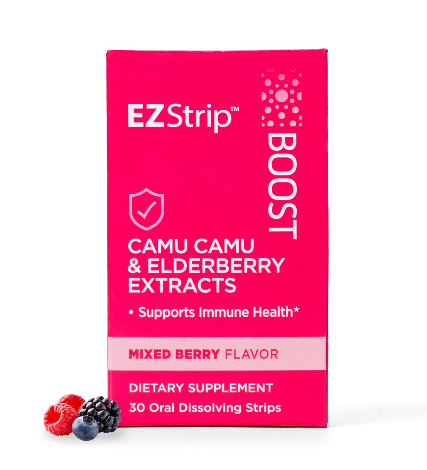EZStrip Boost Immune Support Supplement - Mixed Berry Flavor 30 Count - Dissolving Strips with Camu Camu and Elderberry to Help Support Immune Health - Made in The USA Sugar and Gluten-Free - Buy Online on GoSupps.com