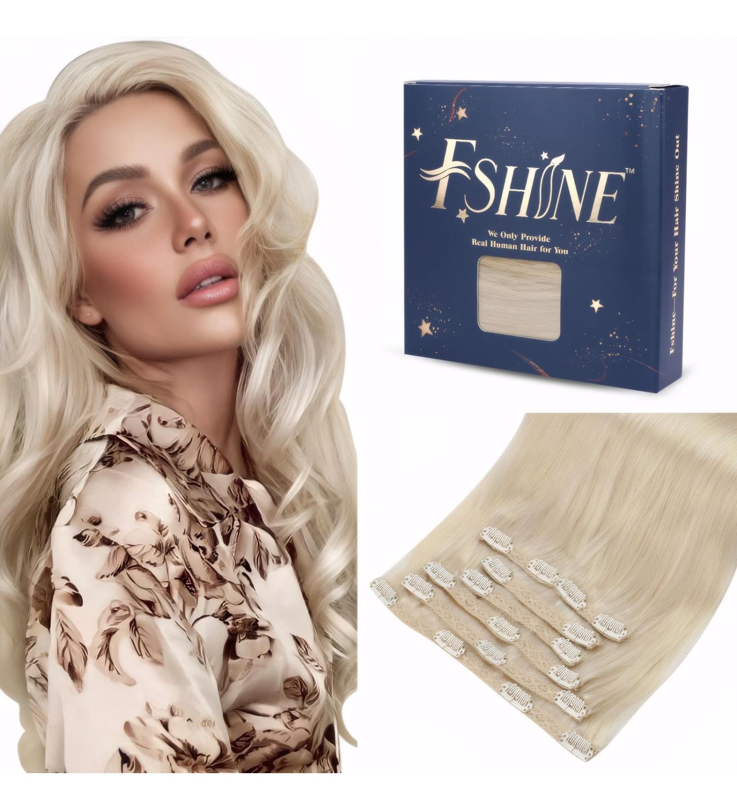 Fshine Platinum Blonde Clip-In Hair Extensions - 35cm 120g Real Remy Hair 7 PCS Smooth & Straight #60 - Buy Online on GoSupps.com