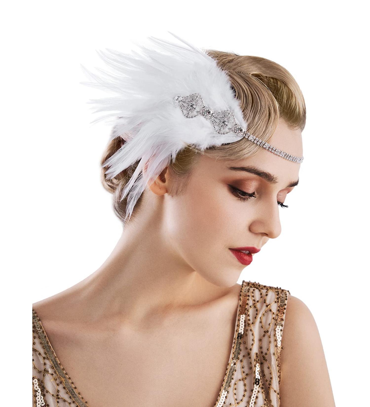 SWEETV 1920s Flapper Headband with Rhinestone Feather | Great Gatsby Hair Accessory for Women in White - Buy Online on GoSupps.com