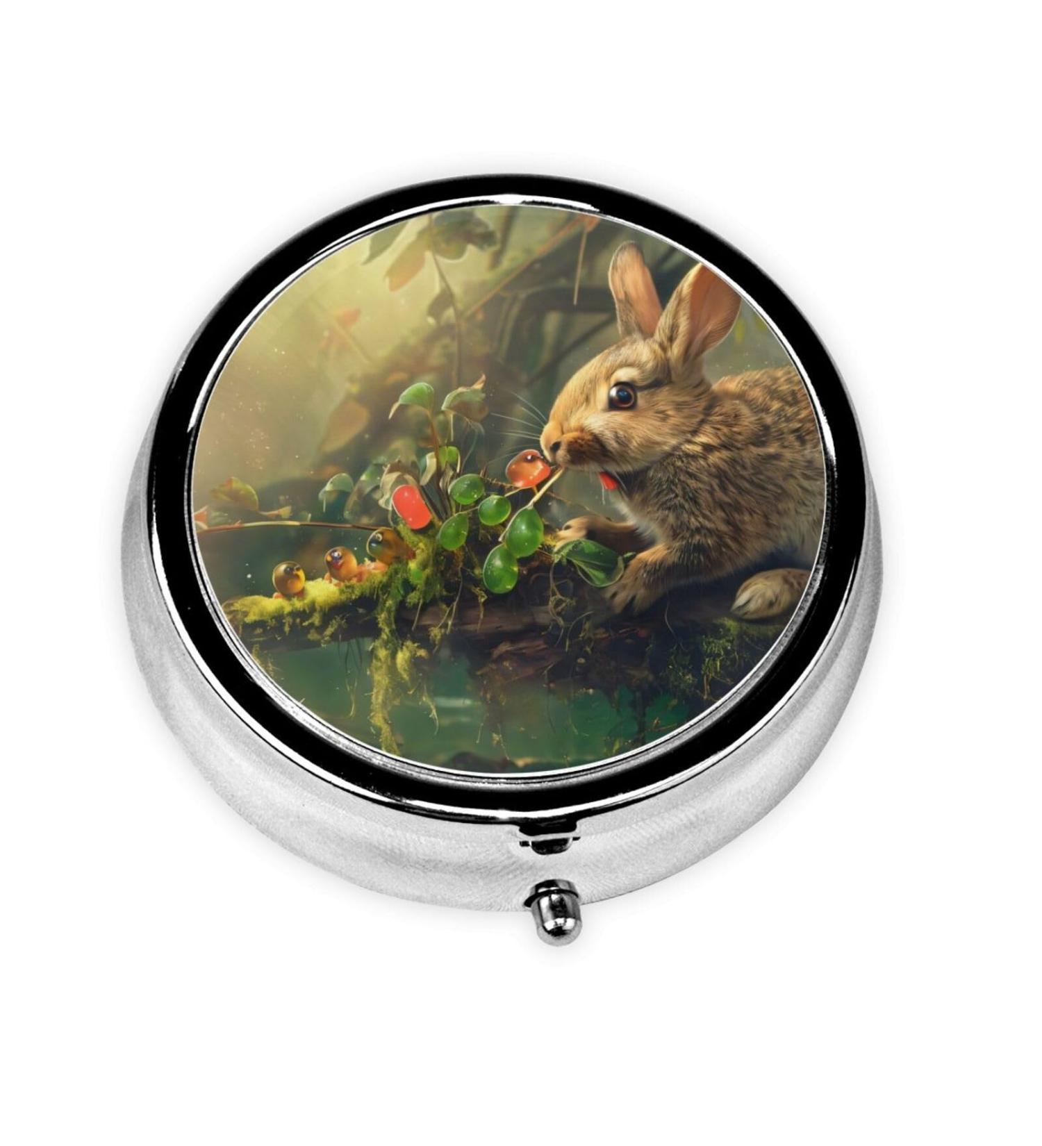 Rabbit Eating Jelly Portable Metal Pill Box - Round Mini 3-Compartment Design for Small Pills | Travel Essential - Buy Online on GoSupps.com
