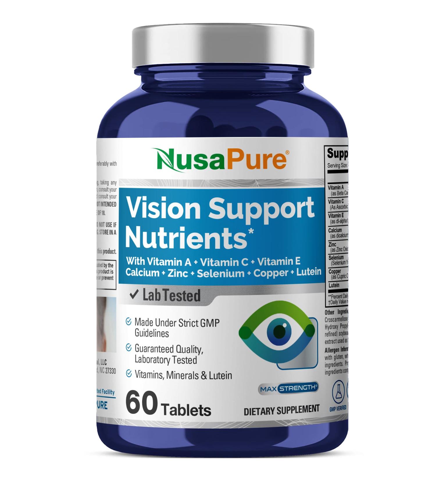 NusaPure Vision Support Nutrients with Vitamin A C E Calcium Zinc Selenium Copper Lutein 60 Tablets Non-GMO Dietary Supplement - Buy Online on GoSupps.com