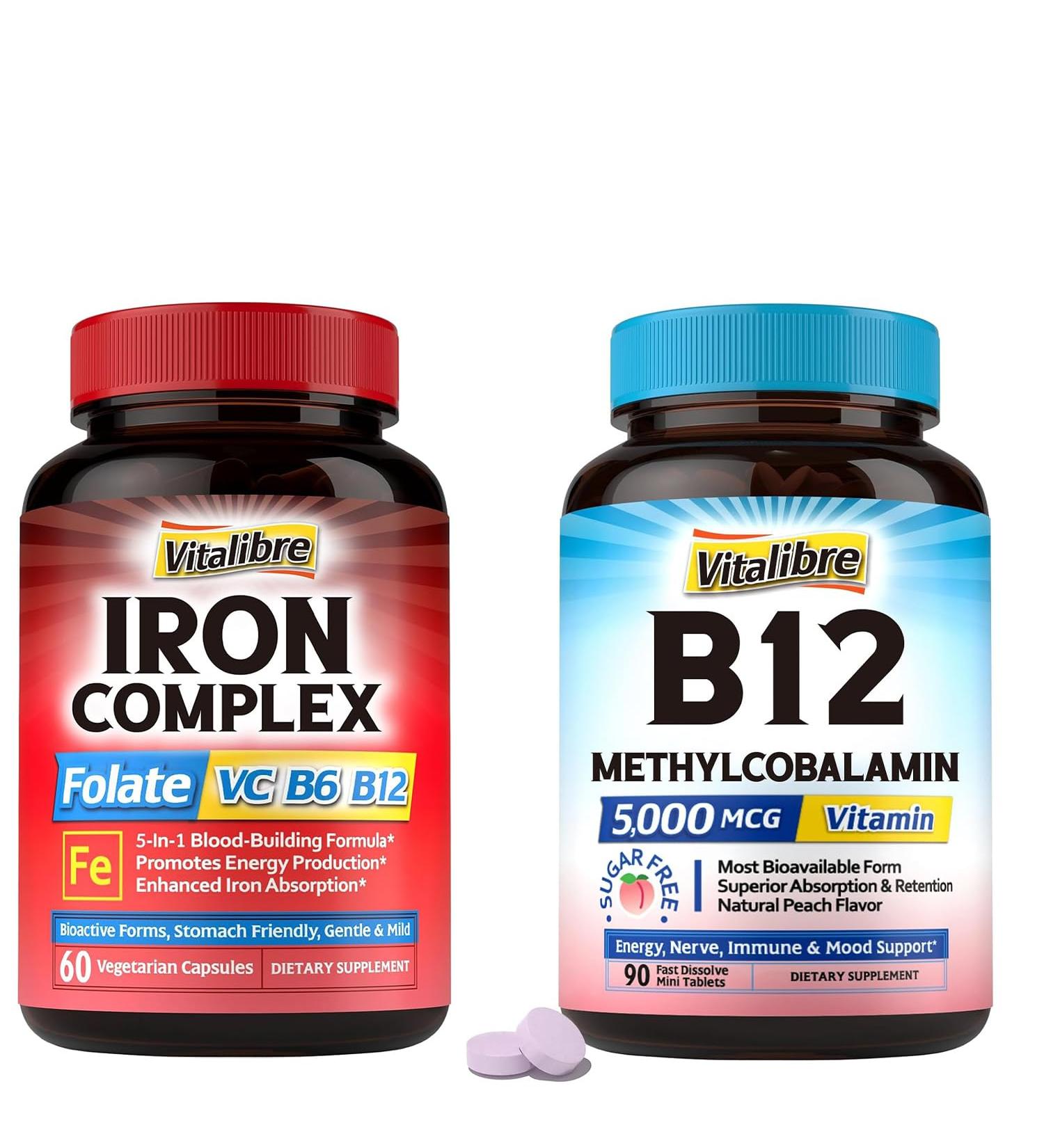 Iron Supplement for Women & Men 60 Vegan Caps & Vitamin B12 Sublingual 5000 mcg 90 Fast Dissolve Mini Tablets - Buy Online on GoSupps.com