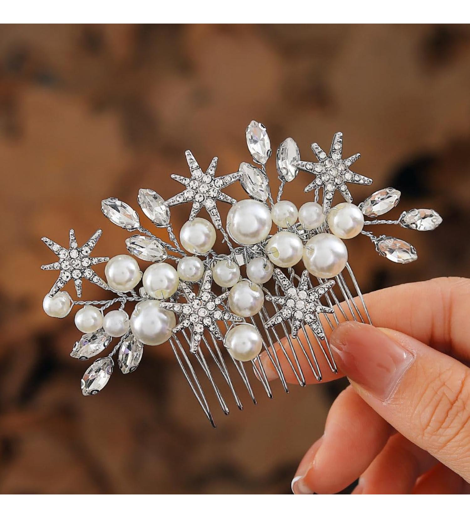 Handcess Bridal Pearls Hair Comb Splitter Rhinestone Star Hair Pieces Crystal Bridal Side Combs Wedding Hair Accessories for Women and Girls - Buy Online on GoSupps.com