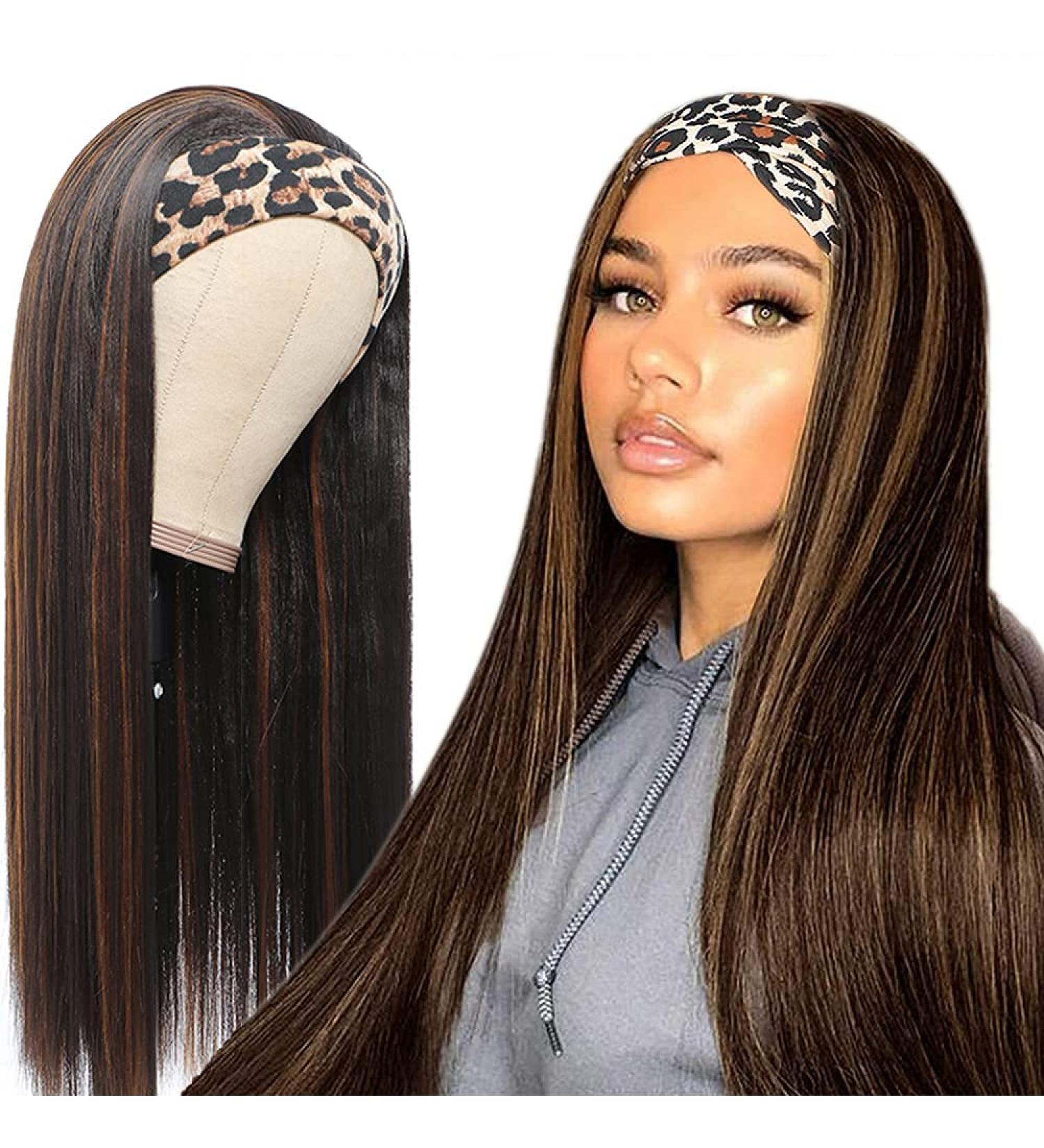 22 Inch Black/Brown Headband Wig for Women - Premium Synthetic Straight Wig with Headbands & Wig Caps - Natural Glueless None Lace Front - Long and Stylish - Buy Online on GoSupps.com
