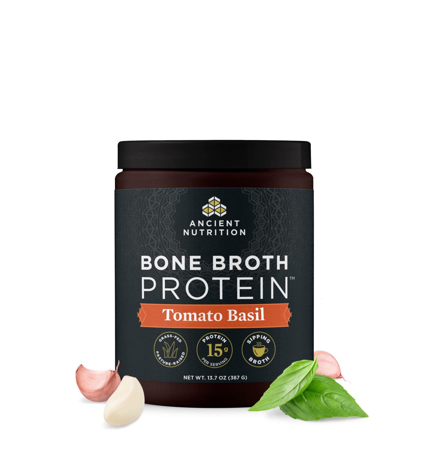 Ancient Nutrition Bone Broth Protein Powder Tomato Basil Grass-Fed Chicken and Beef Bone Broth Powder 15g Protein Per Serving Supports a Healthy Gut 15 Servings - Buy Online on GoSupps.com