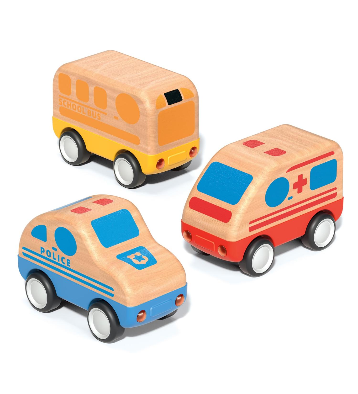 Wanborns 3PC Wooden Toy Vehicles Set - Cars Ambulances & School Bus | Educational Early Learning Toys for Toddlers Age 2-3 | Perfect Birthday Gift for Young Girls - Buy Online on GoSupps.com