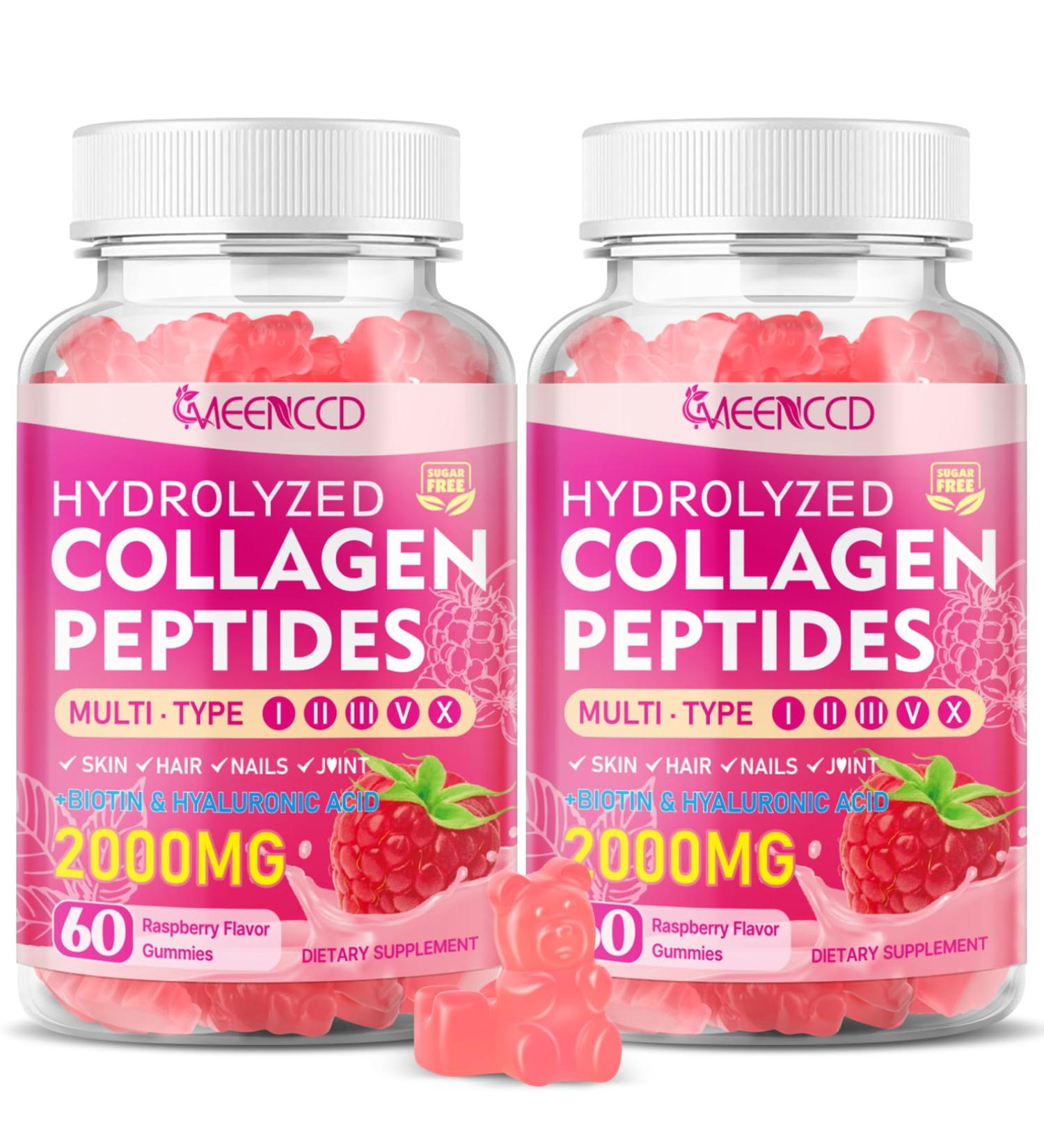 2 Pack Hydrolyzed Collagen Peptides Gummies for Women & Men Multi-Collagen Type I II III V X with Biotin Hyaluronic Acid Zinc Vitamin C E - Skin Hair Nails Raspberry Flavor 120 Count 60 Count (Pack of 2) - Buy Online on GoSupps.com