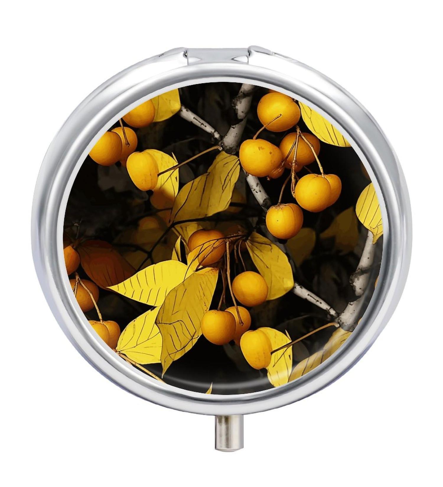 Round Yellow Leaves & Fruits Print Pill Box | 3 Compartment Portable Medicine Organizer | Decorative Metal Pocket Pill Case - Style 9 - Buy Online on GoSupps.com