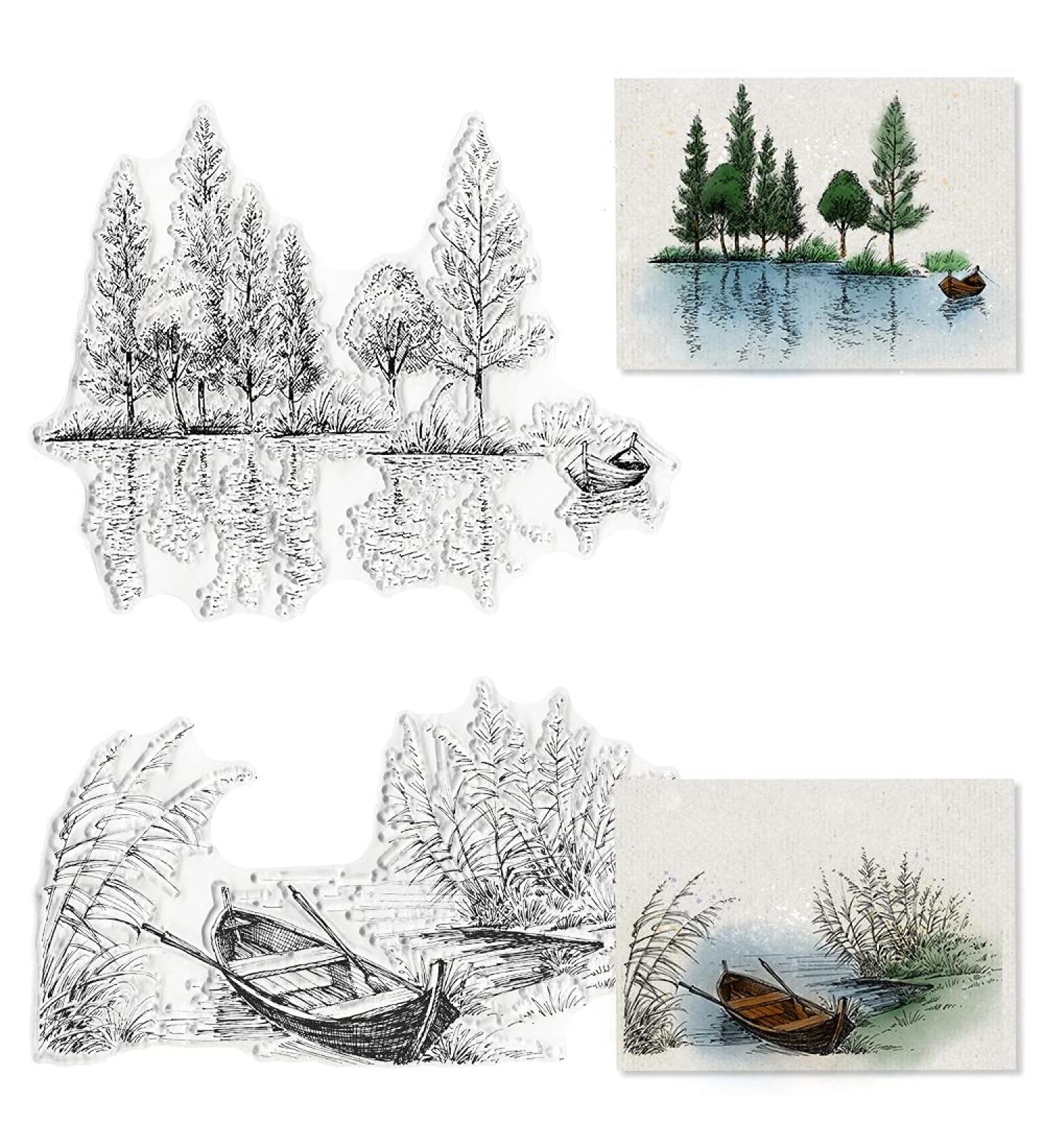 Scenic Lake and River Trees Boat Clear Stamp Set for Card Making and Scrapbooking - Silicone Stamps for Photo Album Decor - Buy Online on GoSupps.com