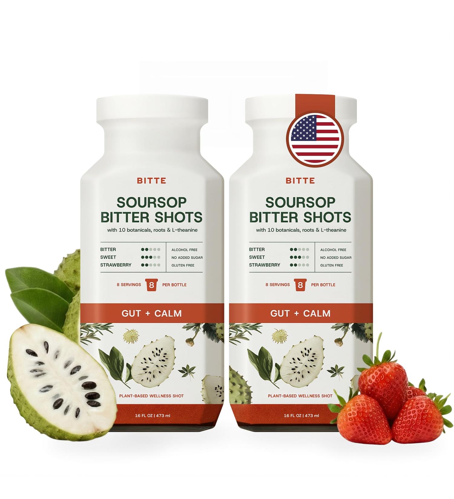 bitte Gut + Calm Soursop Shots 2 Pack Ready to Drink Strawberry Soursop Unique Duo: Whole Super Fruit + Herbal Bitters Eco-Friendly Glass Bottle Clean Formula 32 fl oz Total (16 Servings) 16 Fl Oz (Pack of 2) - Buy Online on GoSupps.com