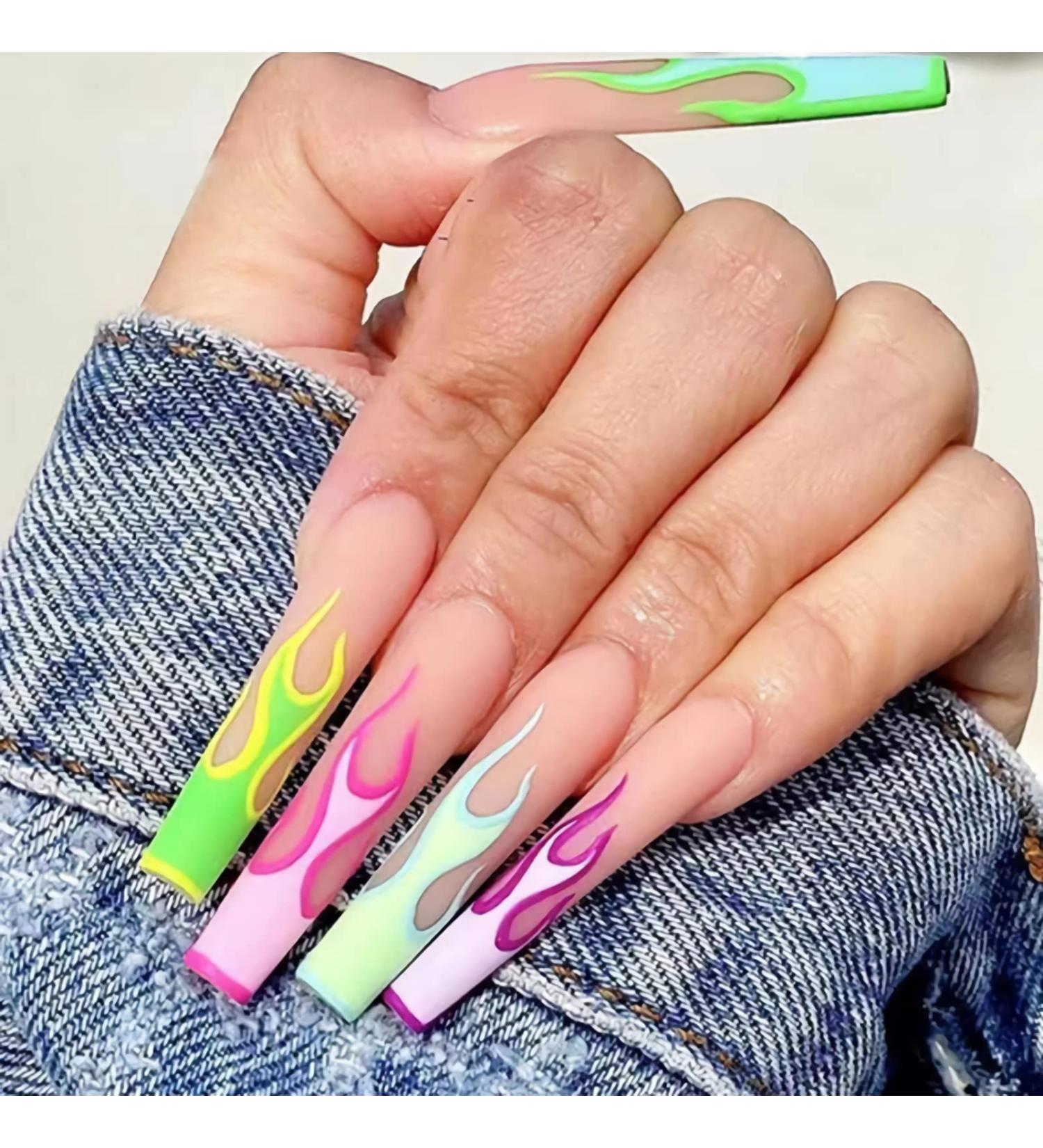 BABALAL Long Pink Green Flame Press on Nails with Nail Glue - 24pcs Ballerina Acrylic False Nails for Women and Girls - Buy Online on GoSupps.com