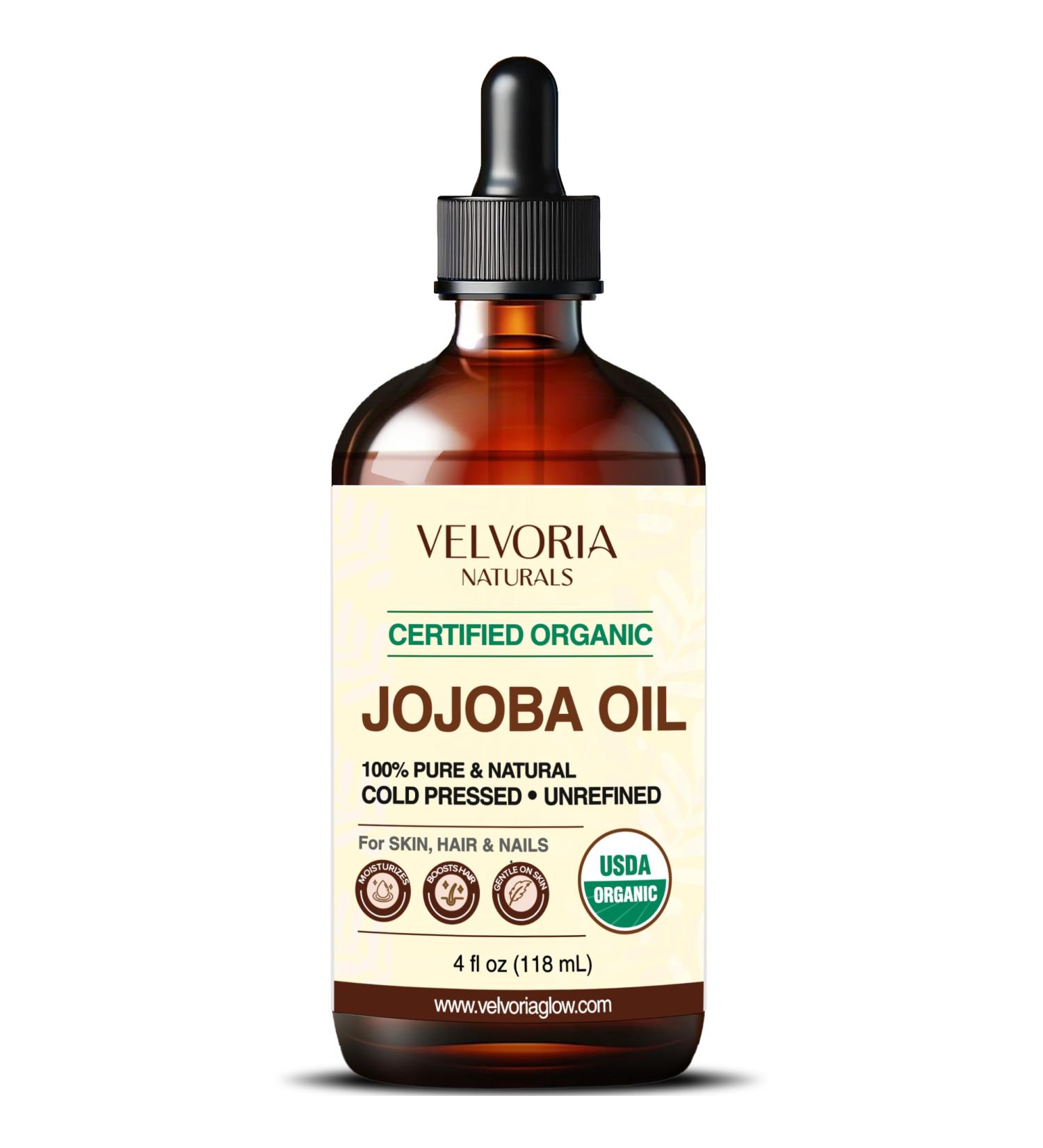 VELVORIA NATURALS Organic Jojoba Oil - 100% Pure Cold Pressed Unrefined Non-GMO for Skin Hair & Nails - 4oz - Buy Online on GoSupps.com