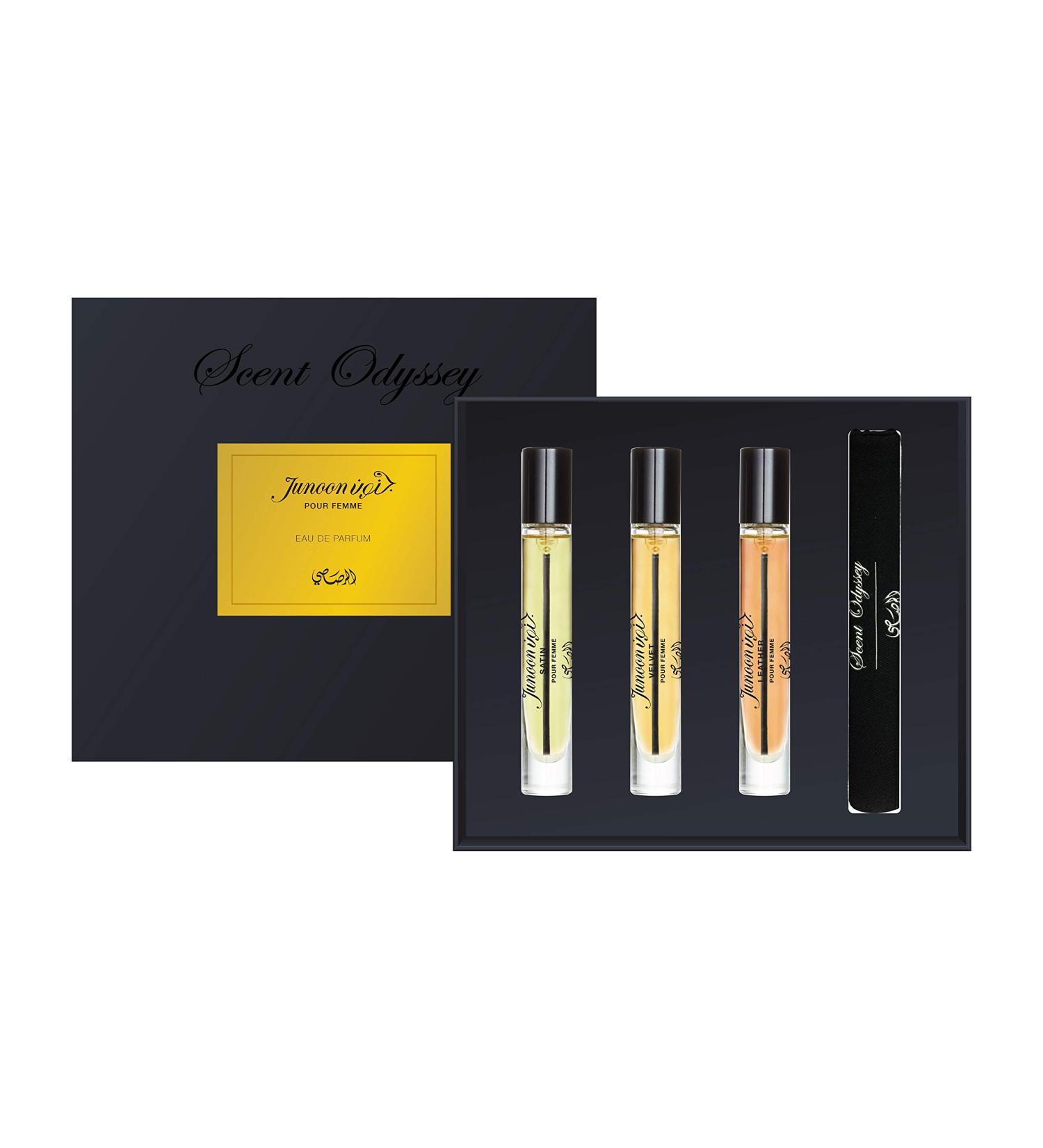 Rasasi Scent Odyssey - Junoon for Women - 3 Pc Gift Set 0.25oz Satin EDP Spray 0.25oz Velvet EDP Spray 0.25oz Leather EDP Spray
