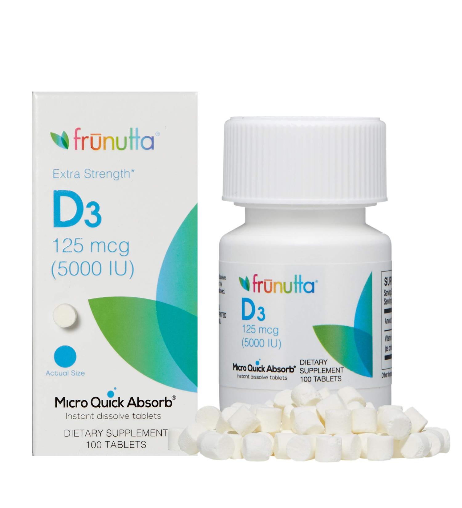 Frunutta Vitamin D3 5000 IU Instant Dissolve Tablets - 100 Tablets | Stronger Bones & Immune System | Non-GMO & Gluten-Free - Buy Online on GoSupps.com