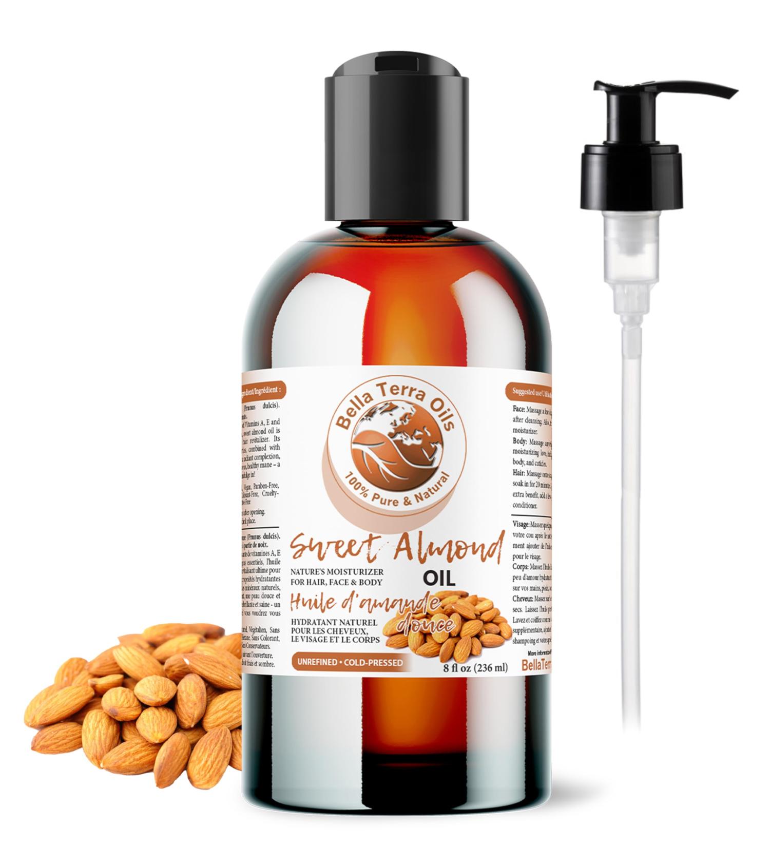 Sweet Almond Oil. 236ml. 100% Pure. Cold-pressed. Unrefined. Organic. Pasteurized. Additive-free. Promotes Skin Hydration. Nourishes Hair. Natural Moisturizer for Hair Face Body Nails Beard Stretch Marks. Bella Terra Oils. 236 ml (Pack of 1) - Buy Online on GoSupps.com