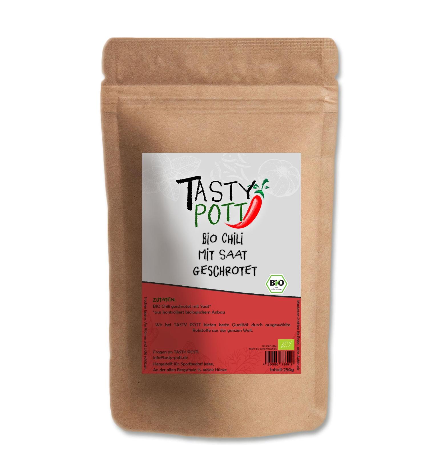Tasty Pott Organic Chilli Pepper with Crushed Seeds - 250g - Hot Spicy Sharp - For Cooking and Roasting - Marinade and Barbecue - Organic Quality - Refill - Buy Online on GoSupps.com