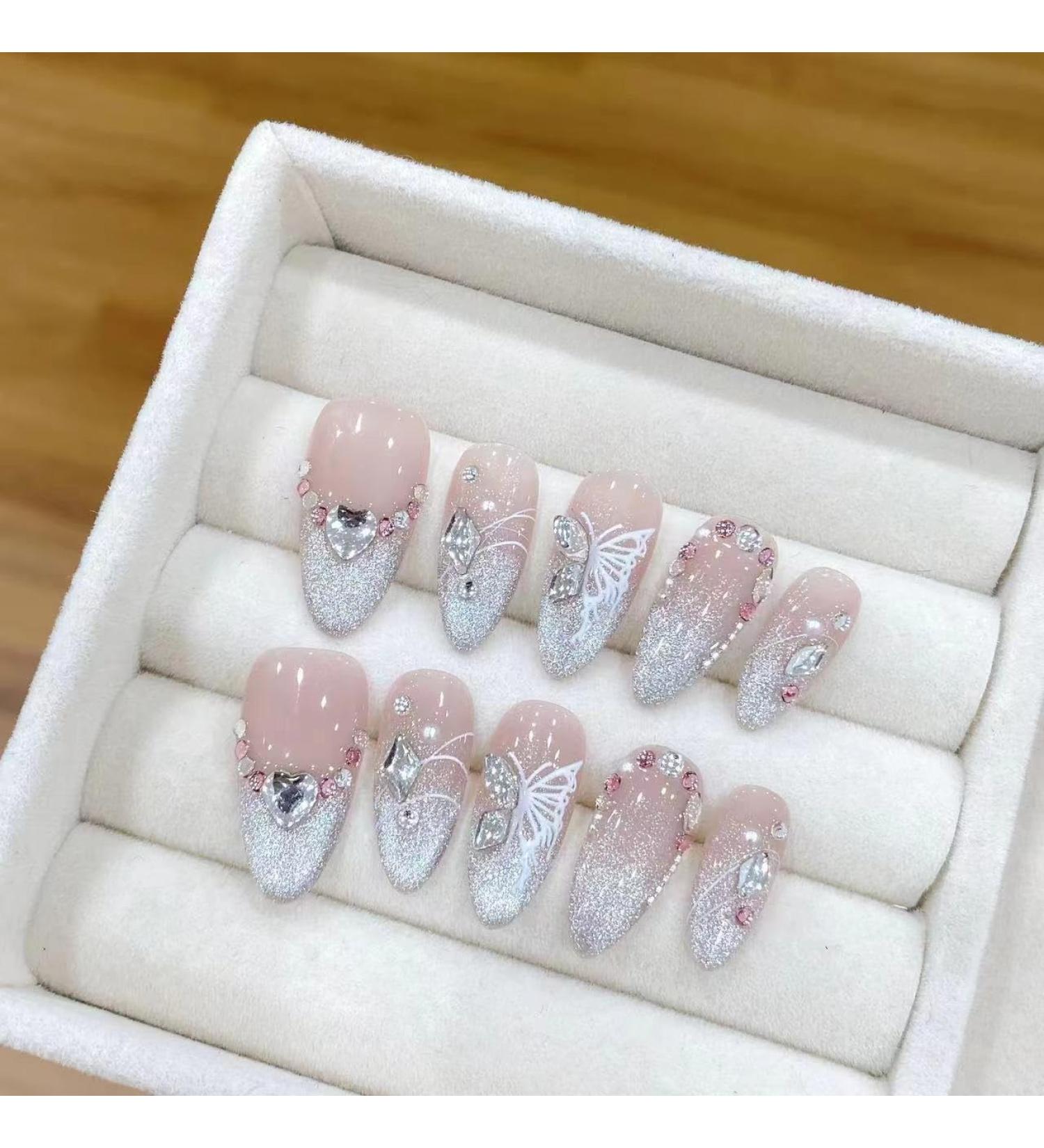 Nail enhancement with clear pink cat eyes hand worn nails Press on Nail Short Fake Nail Tips(Pink Short Xs)