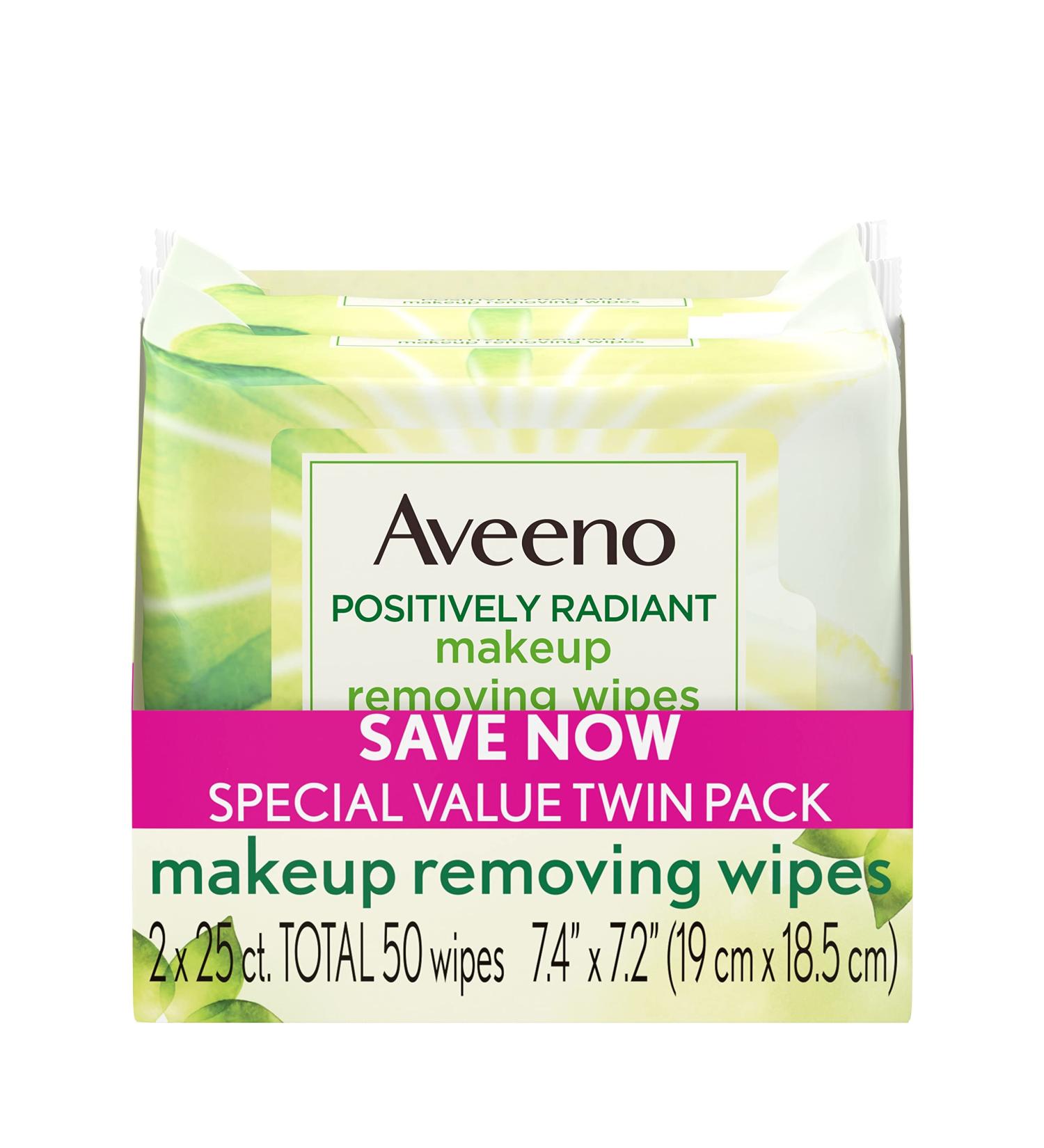 Aveeno Positively Radiant Oil-Free Makeup Removing Face Wipes - Twin Pack 2 x 25 ct | Gentle Facial Cleansing Wipes with Soy Extract for Even Skin Tone and Texture - Buy Online on GoSupps.com