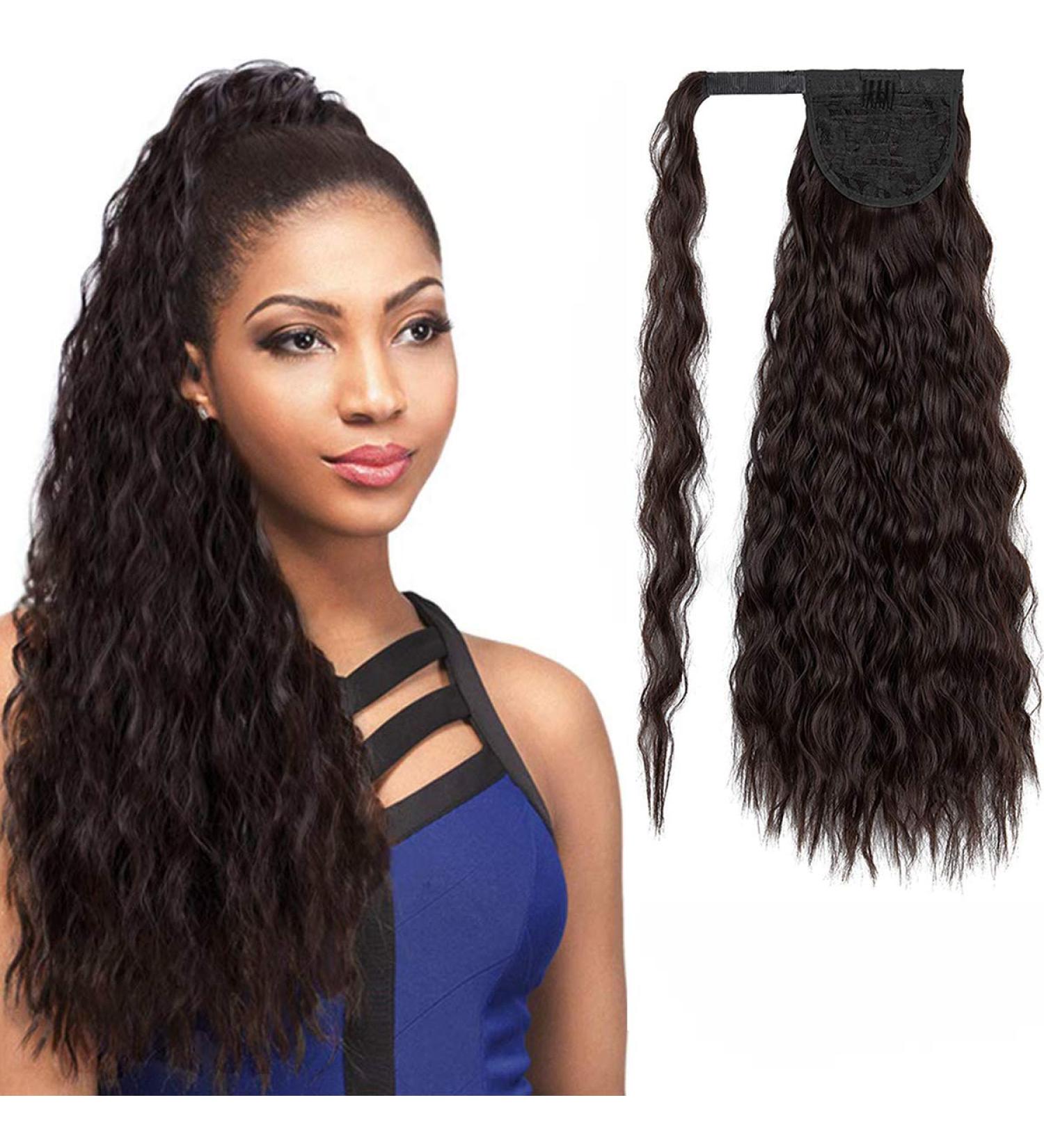 DODOING Kinky Curly Wrap Around Yaki Ponytail Extension Long Wavy Synthetic Hair Extensions Clip in Ponytail for Women Beauty and Fashion 1# Black Brown-Wrap Around - Buy Online on GoSupps.com