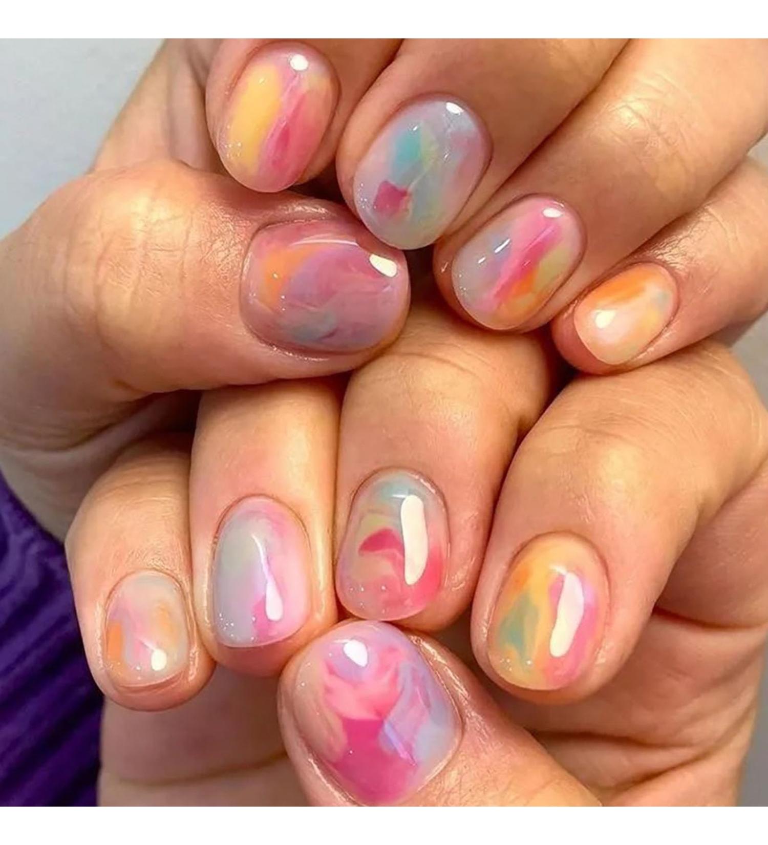 Shop Short Square Press on Nails - Colorful Full Cover Acrylic Nail Designs | 24Pcs Glossy Fake Nails for Women & Girls - Summer Manicure by SWEKKE - Buy Online on GoSupps.com
