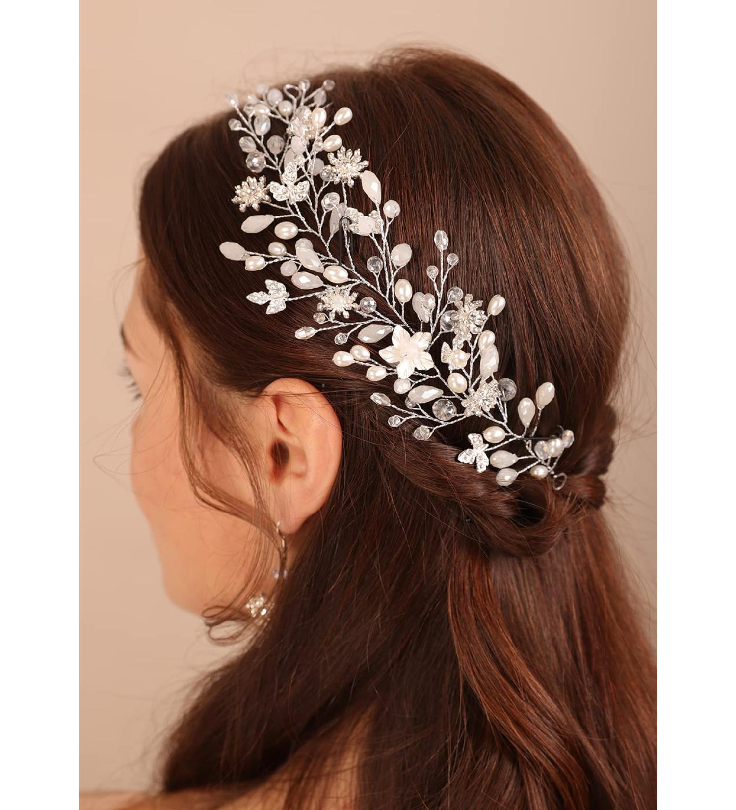 Kercisbeauty Silver Flower Crystal Pearl Headband Wedding Bridal Hair Piece Hair Accessories Women Girls Hair Jewelry - Buy Online on GoSupps.com